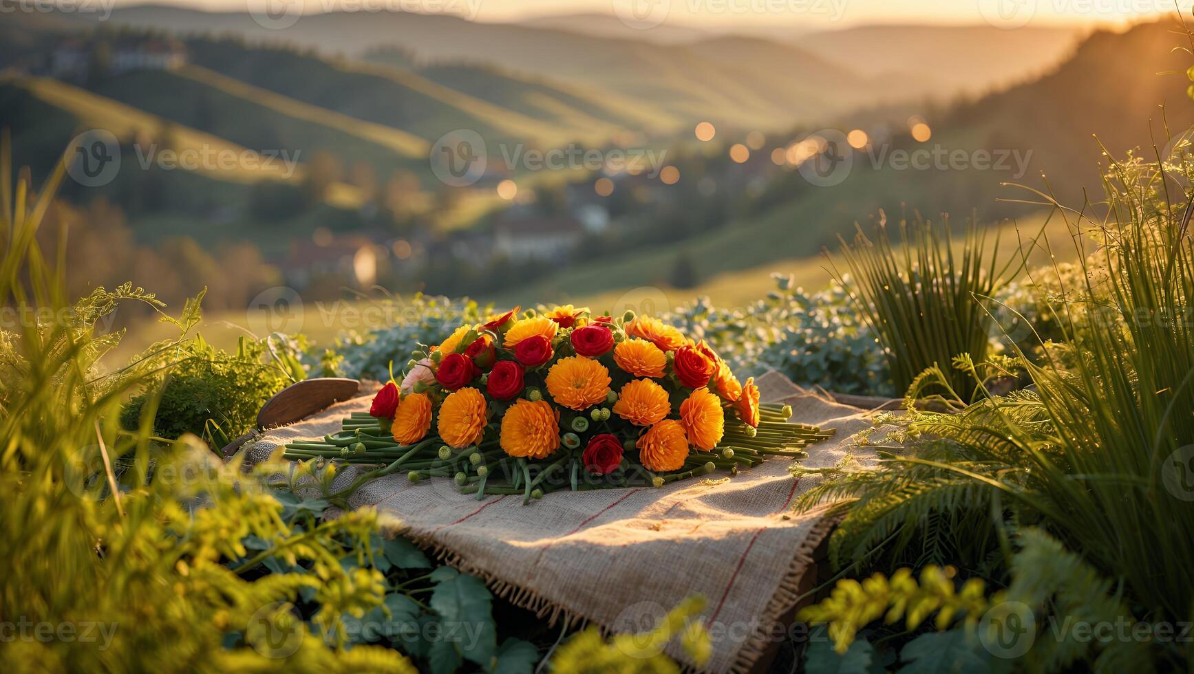 Floral Arrangement on Tablecloth Overlooking Rolling Hills at Sunset photo