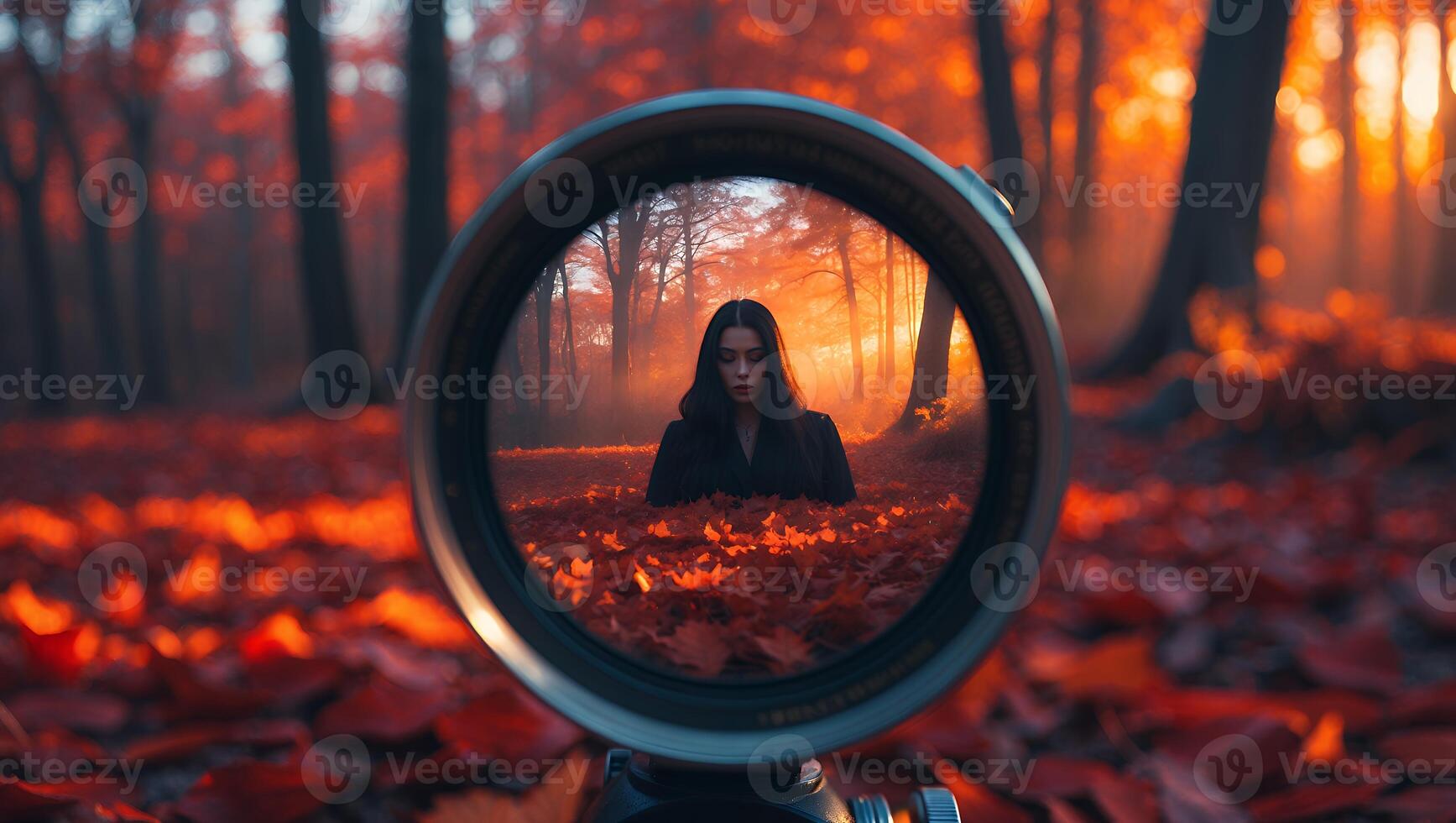 Woman in Autumnal Forest Seen Through Camera Lens with Warm Light photo