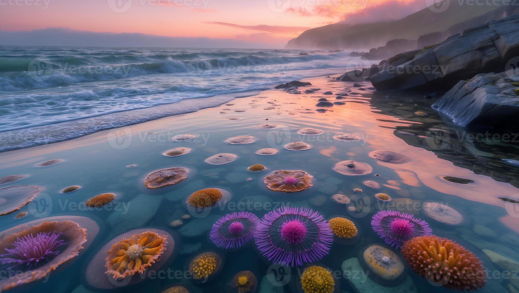 Ocean Shoreline with Colorful Sea Anemones at Sunset Water Reflection photo