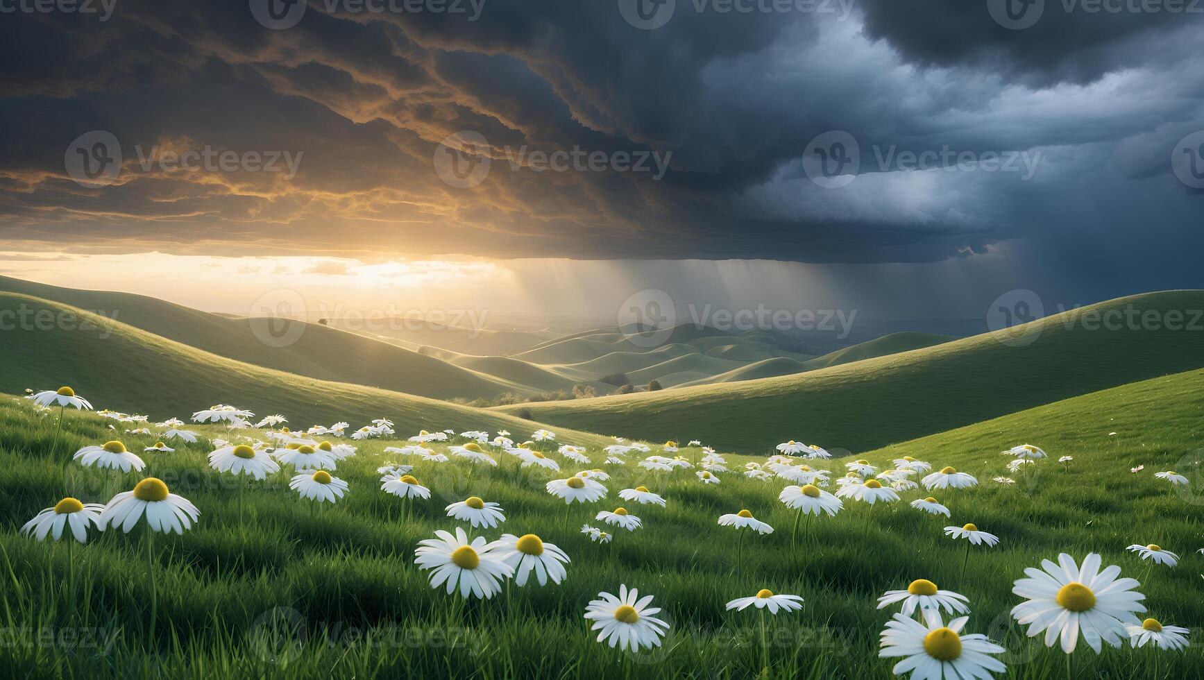 Daisies in Field with Stormy Sky and Sunlight Breaking Through photo