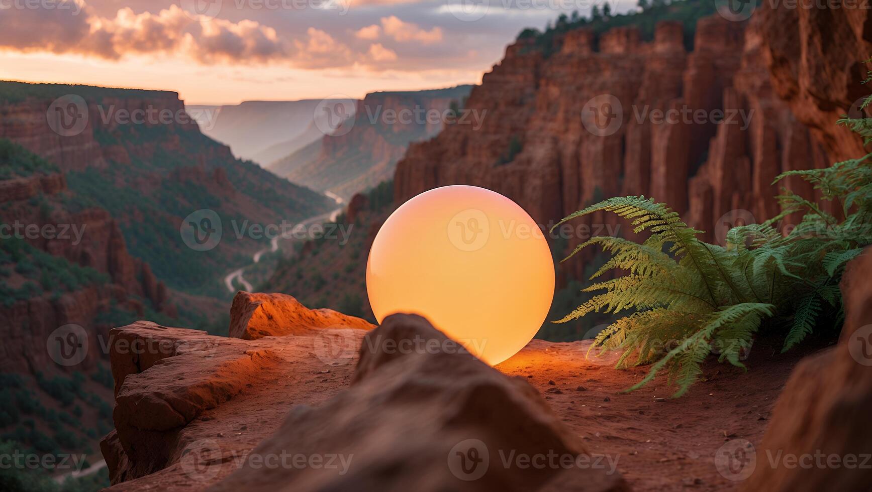 Glowing Sphere on Canyon Edge at Sunset Creates Serene Landscape photo