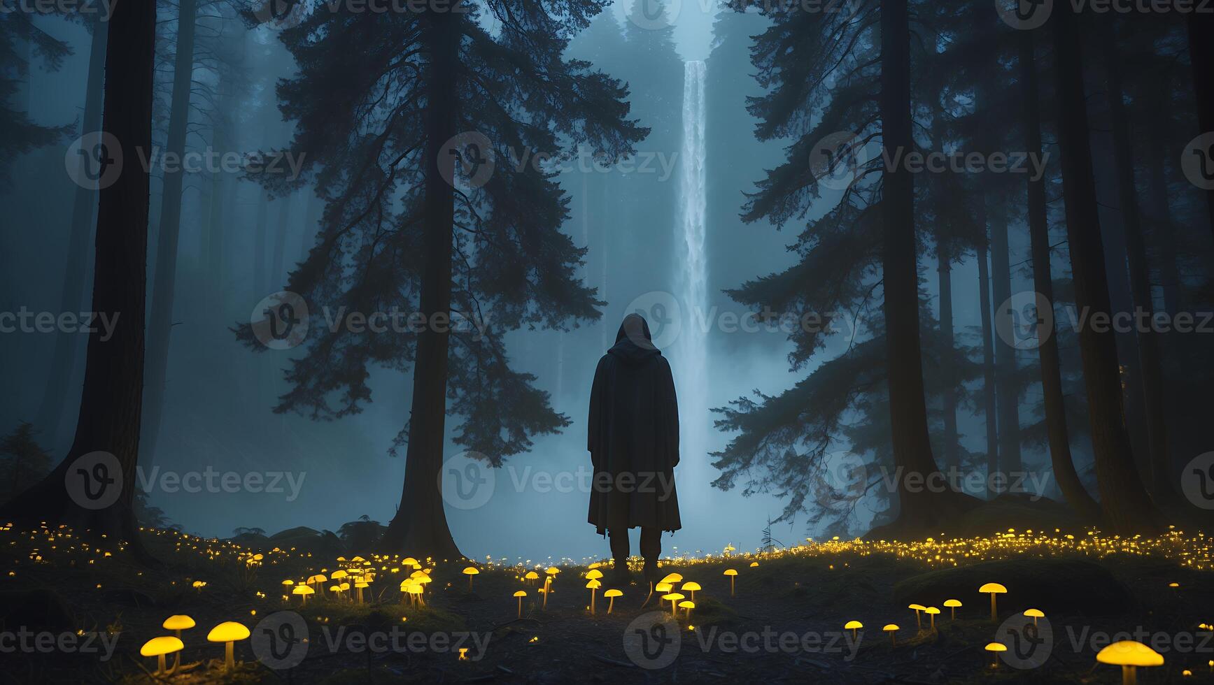 Person in Forest with Glowing Mushrooms and Waterfall Background photo