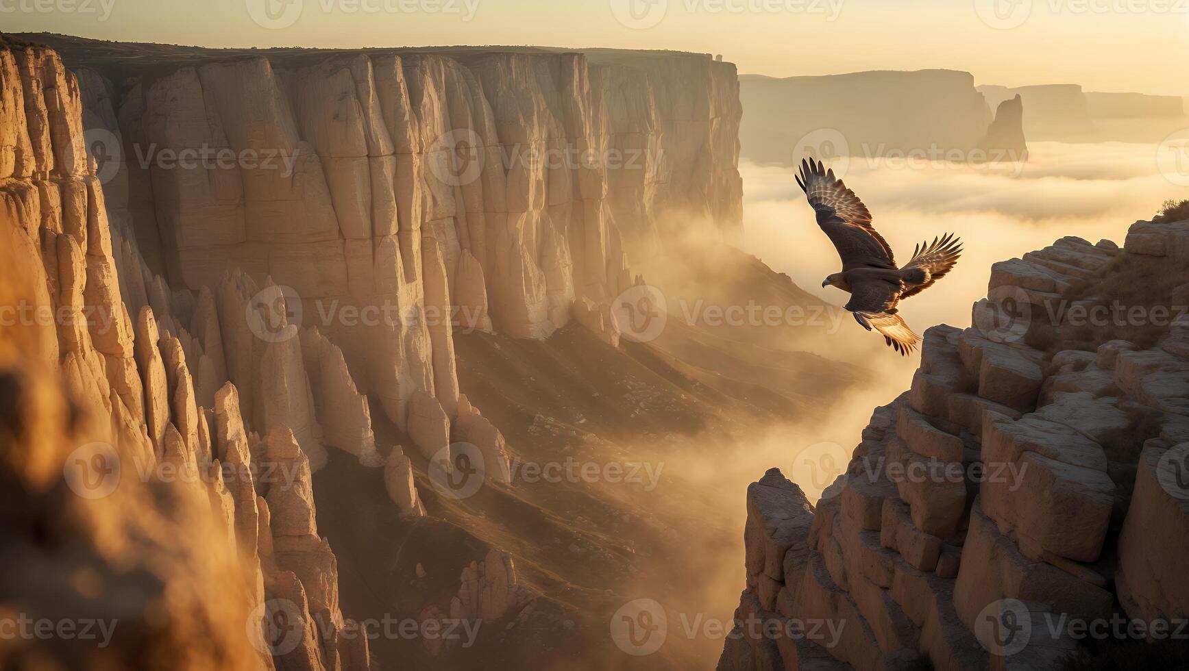 Eagle Soaring Over Canyon Landscape with Fog at Golden Hour photo