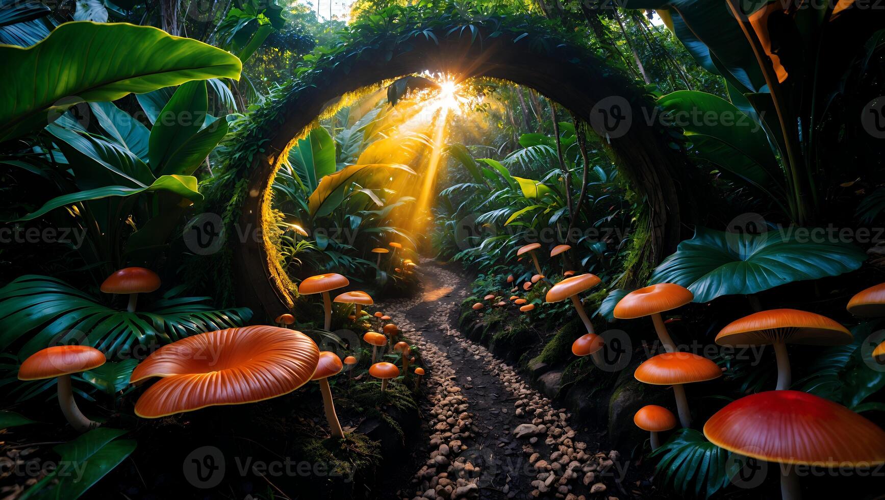 Mushroom Path Through Lush Forest with Sun Rays Shining Through Tree photo