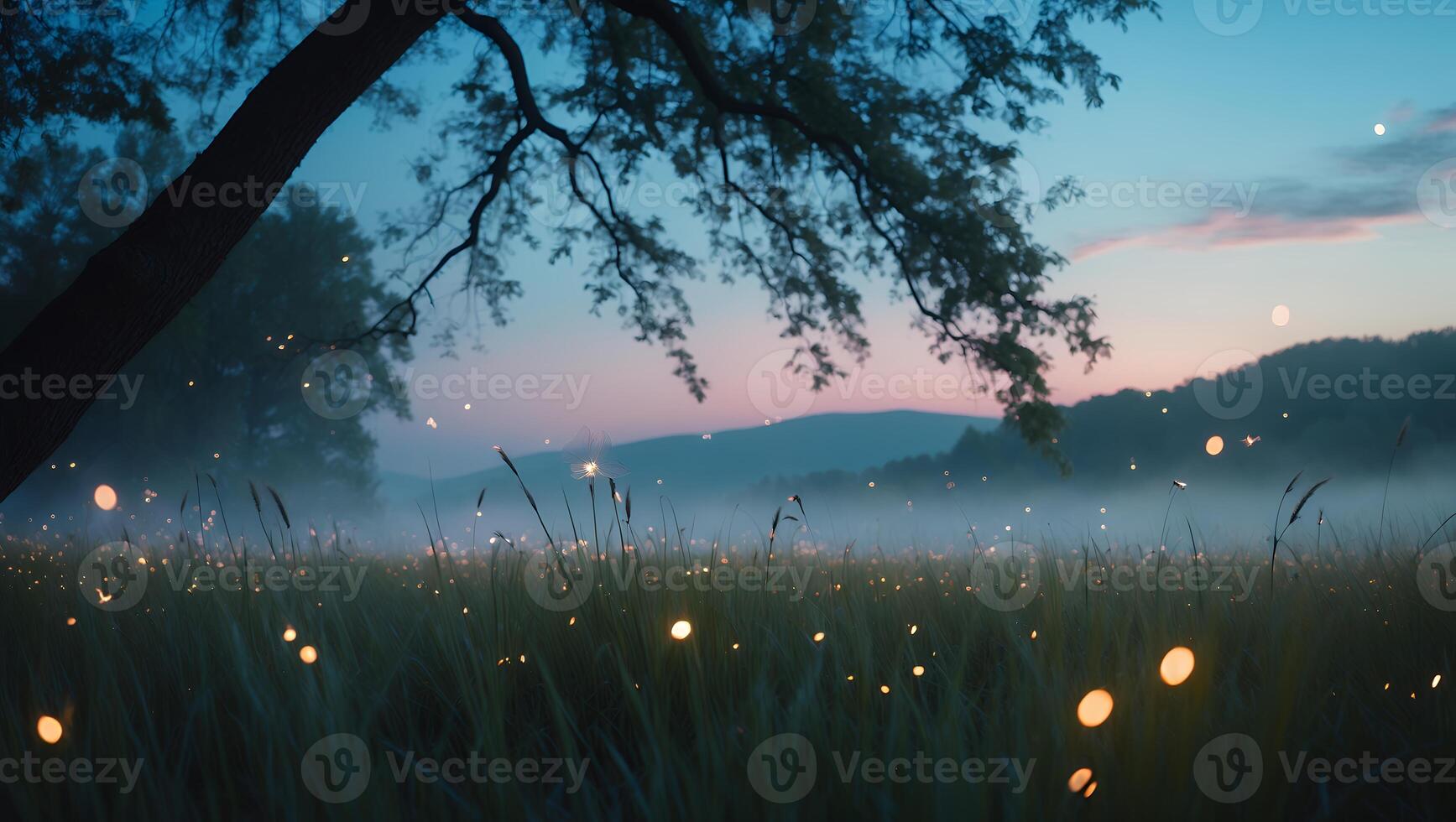 Field at Dusk with Fireflies and Trees in Atmospheric Scene photo