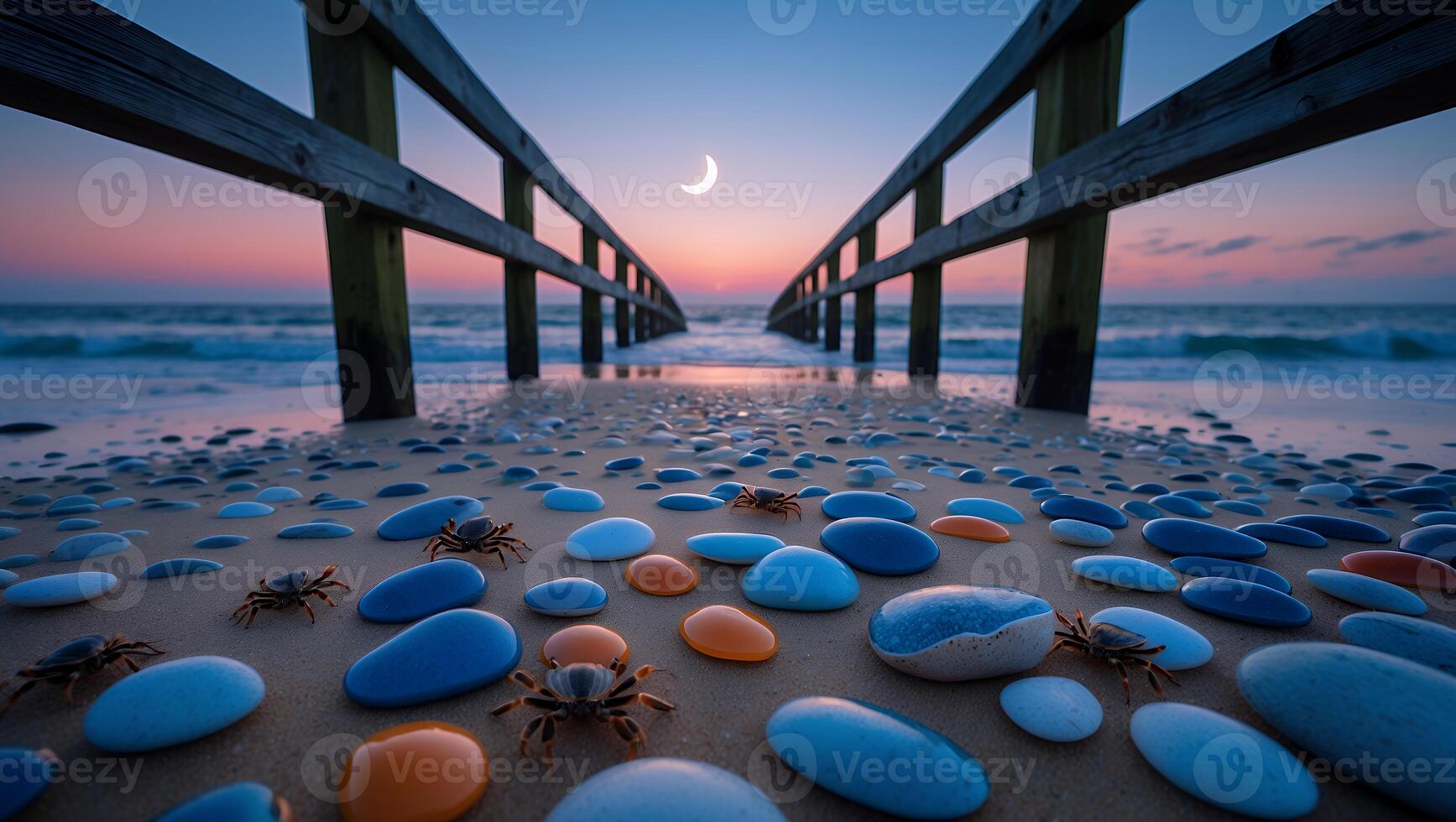 Crabs Walking on Sand at Dusk with Moon and Beach Pier photo