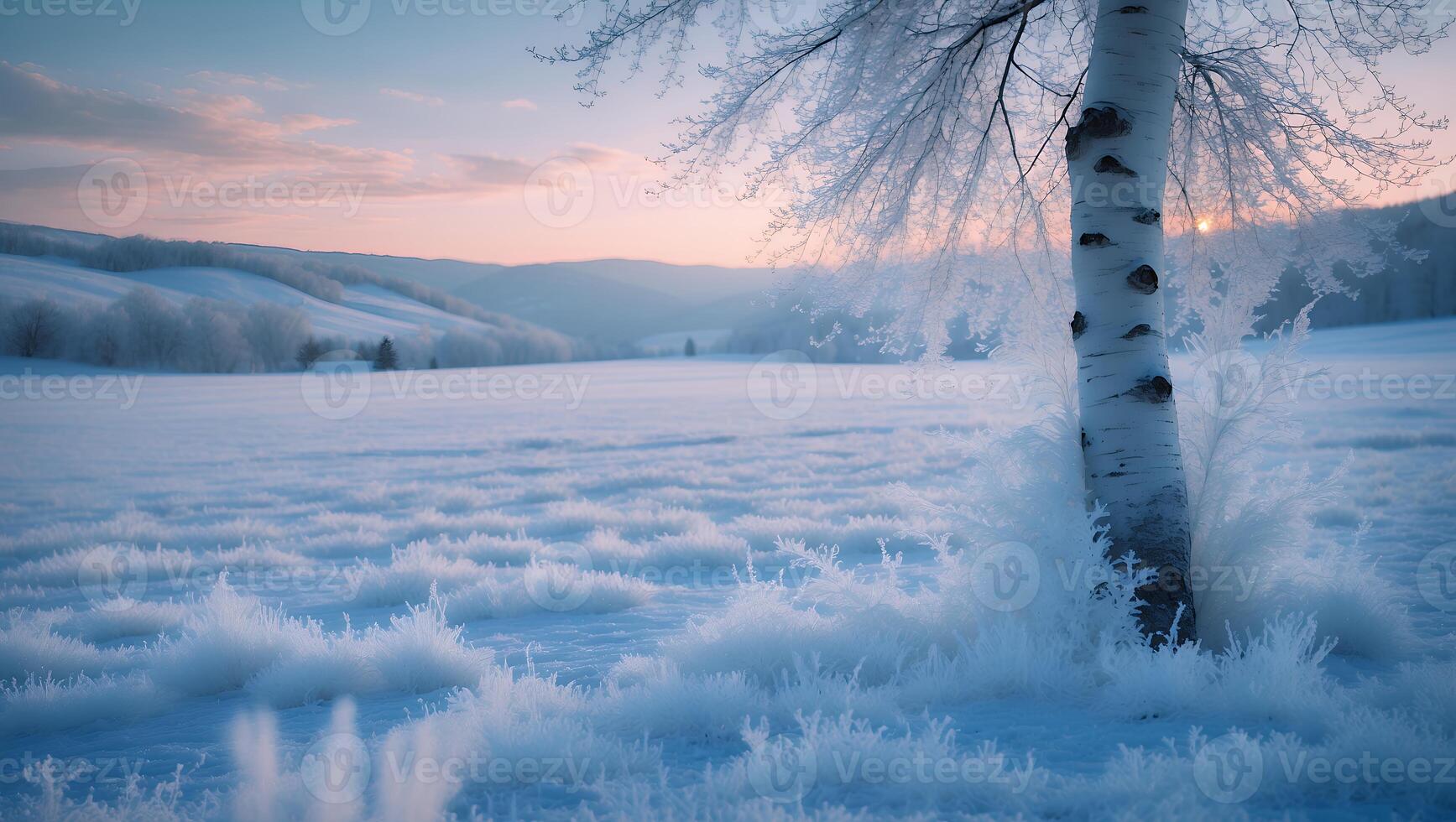 Snowy Landscape with Birch Tree and Sunrise Glow in Winter photo