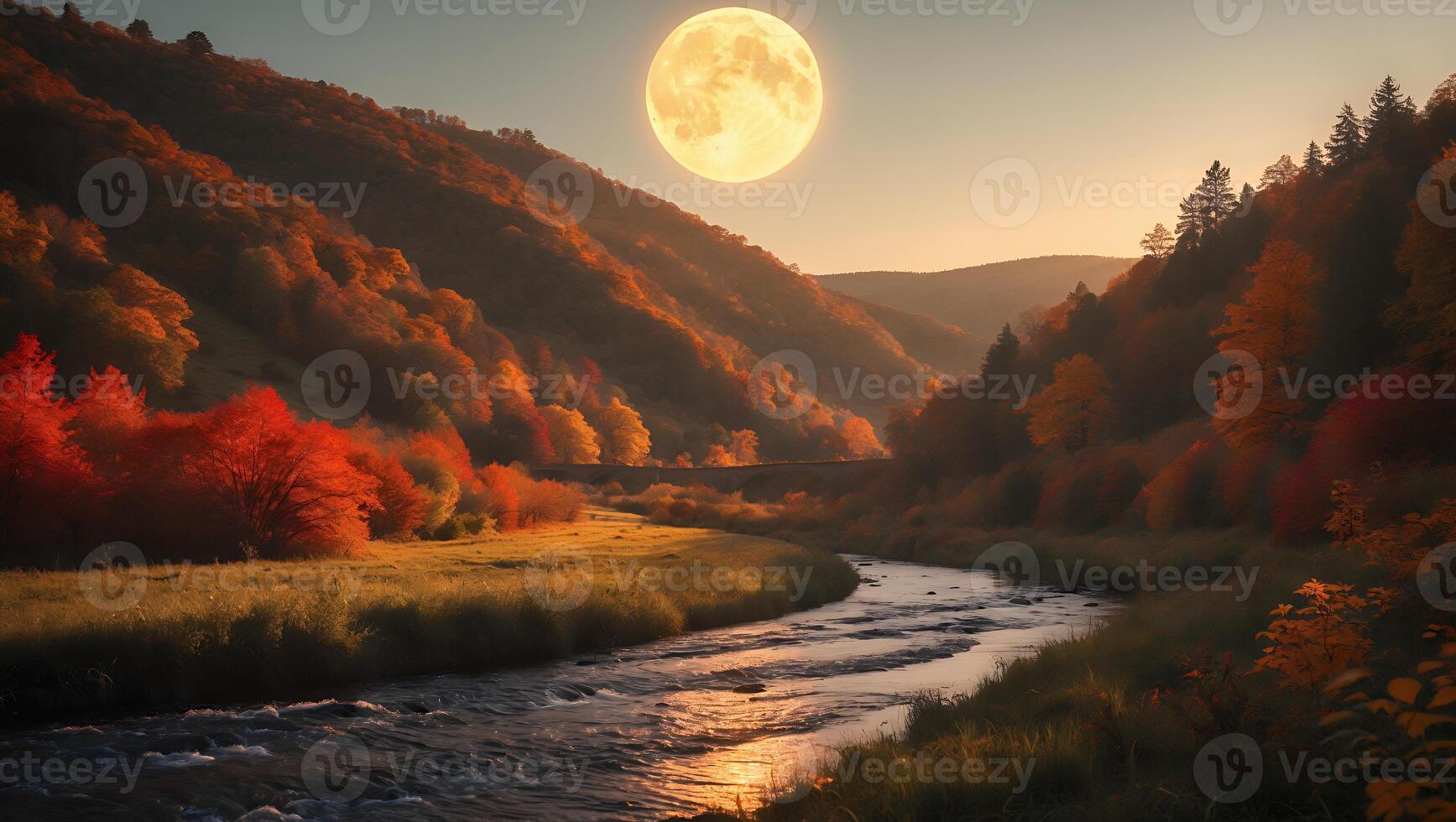 River Flowing Through Autumn Landscape with Full Moon Rising Above photo
