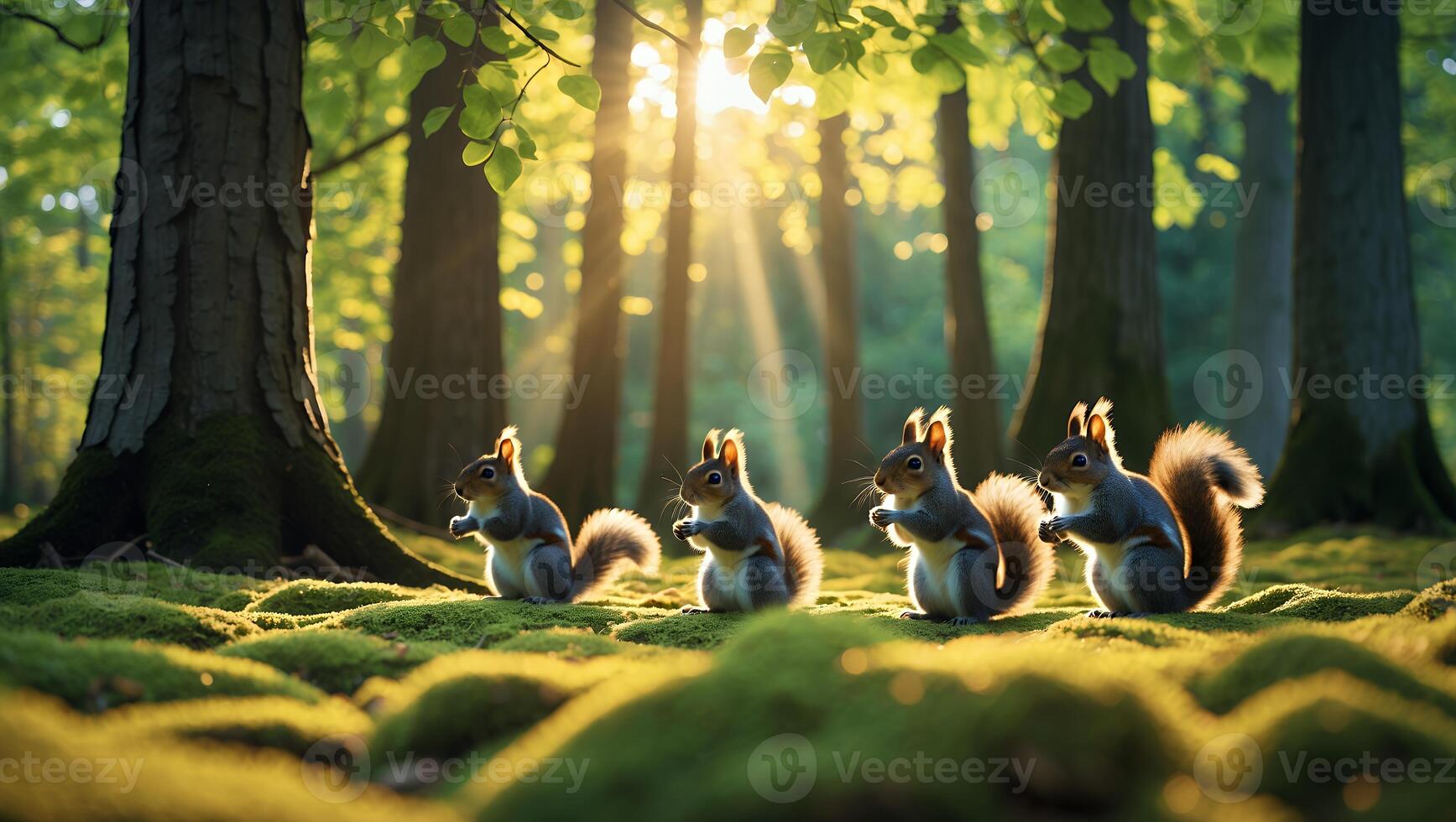 Squirrels Gathering in Forest with Sunlight Streaming Through the Trees photo