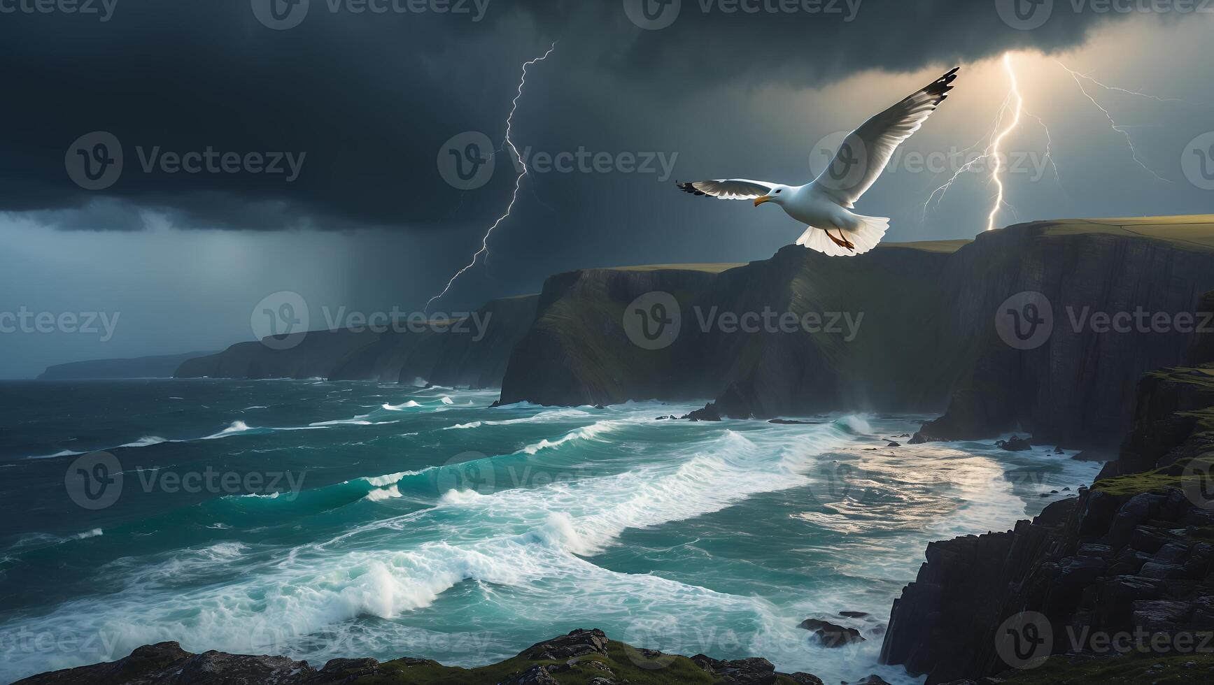 Seagull Flying Over a Rugged Coastline During a Lightning Storm photo
