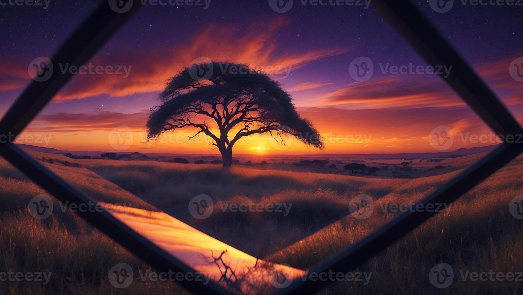 Tree Silhouette at Sunset Through Window Creates a Dramatic Scene photo
