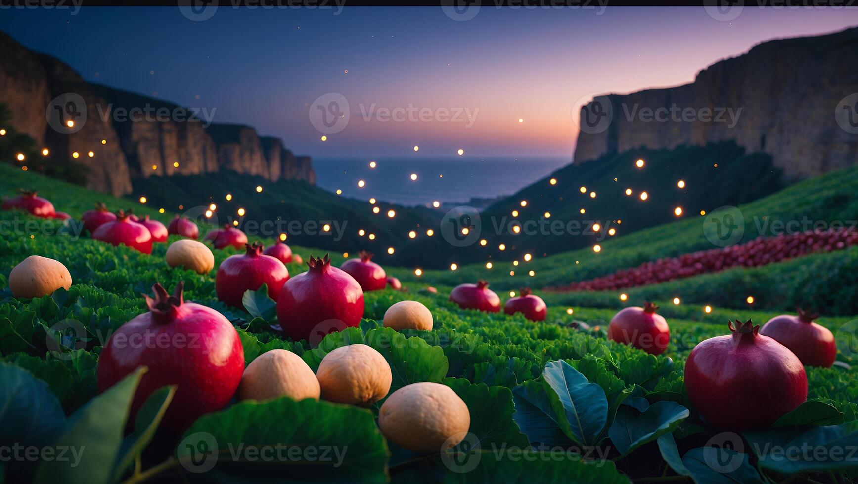 Scattered Pomegranates and Round Fruits in a Lush Green Field photo