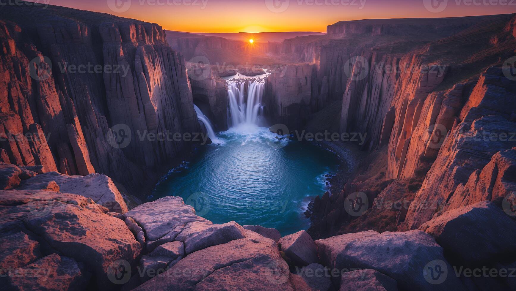 Waterfall in Canyon with Turquoise Pool and Dramatic Sunset Light photo
