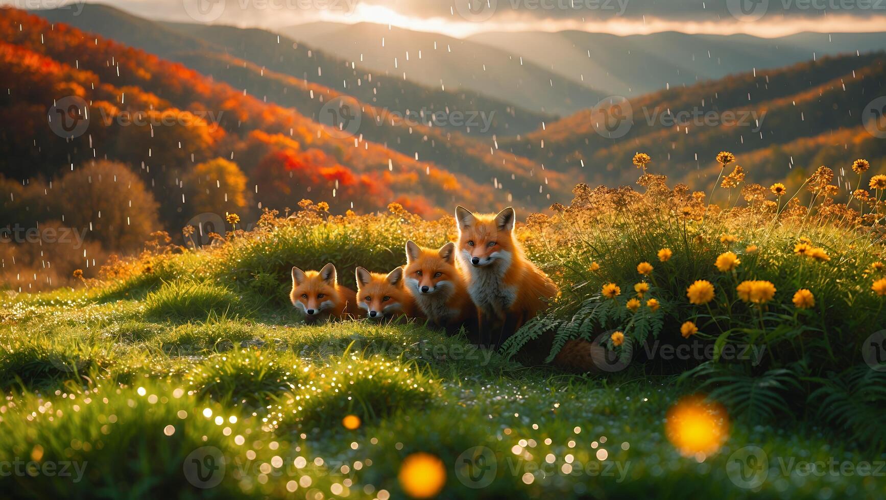 Fox Family Resting on Grassy Hill During a Light Rain photo