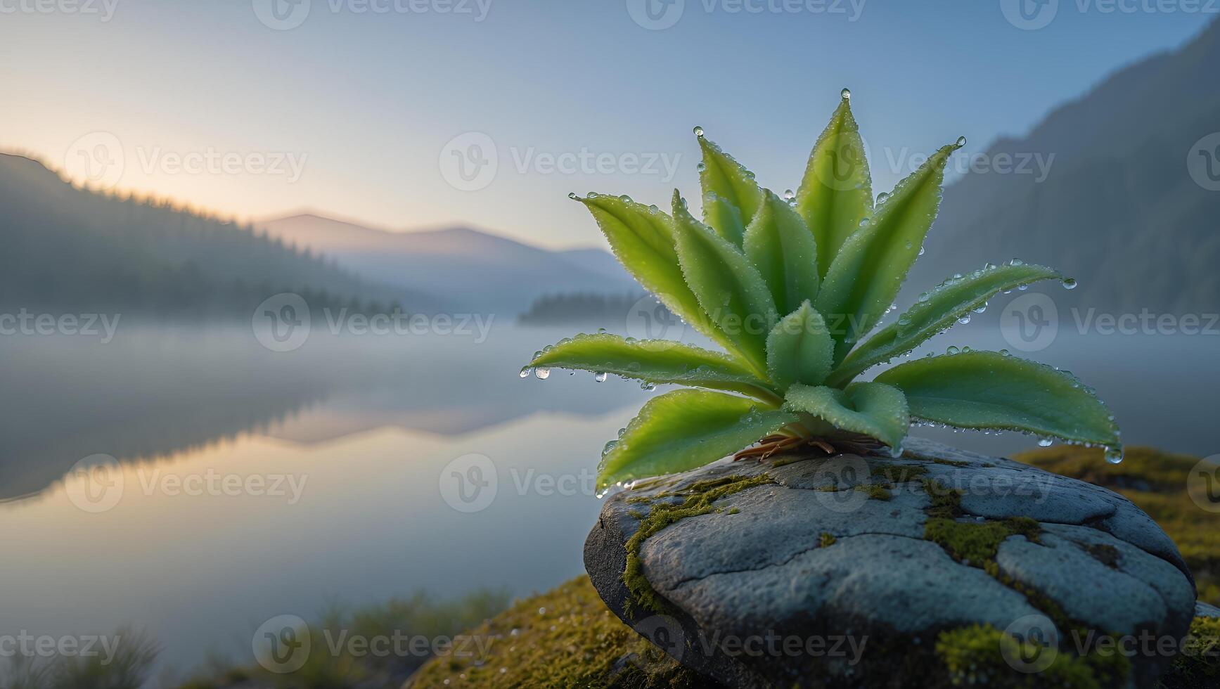 Green Plant Growing on Stone with Dew by Calm Lake photo