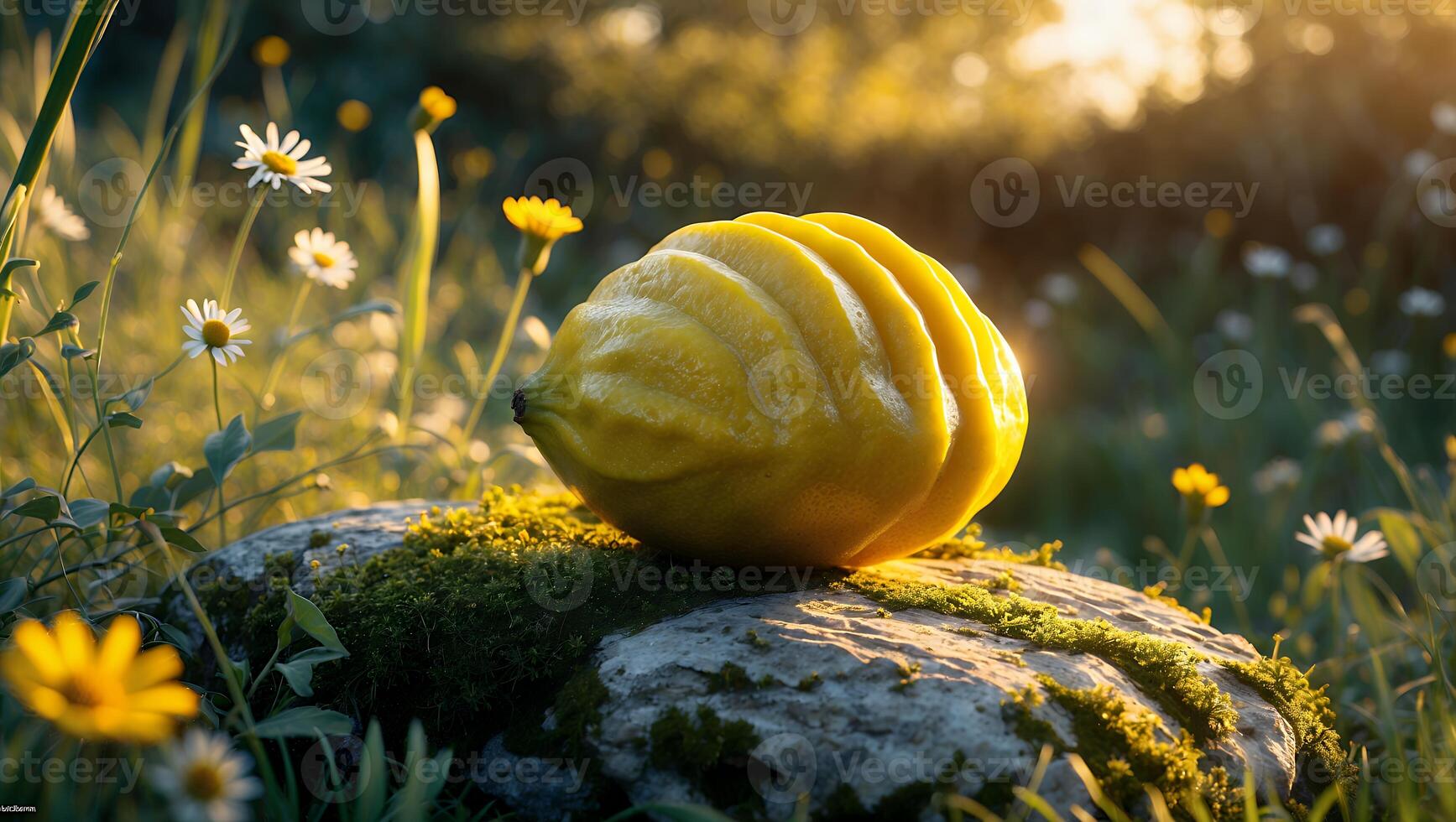 Citron Resting on Mossy Stone in Sunny Meadow Scene photo