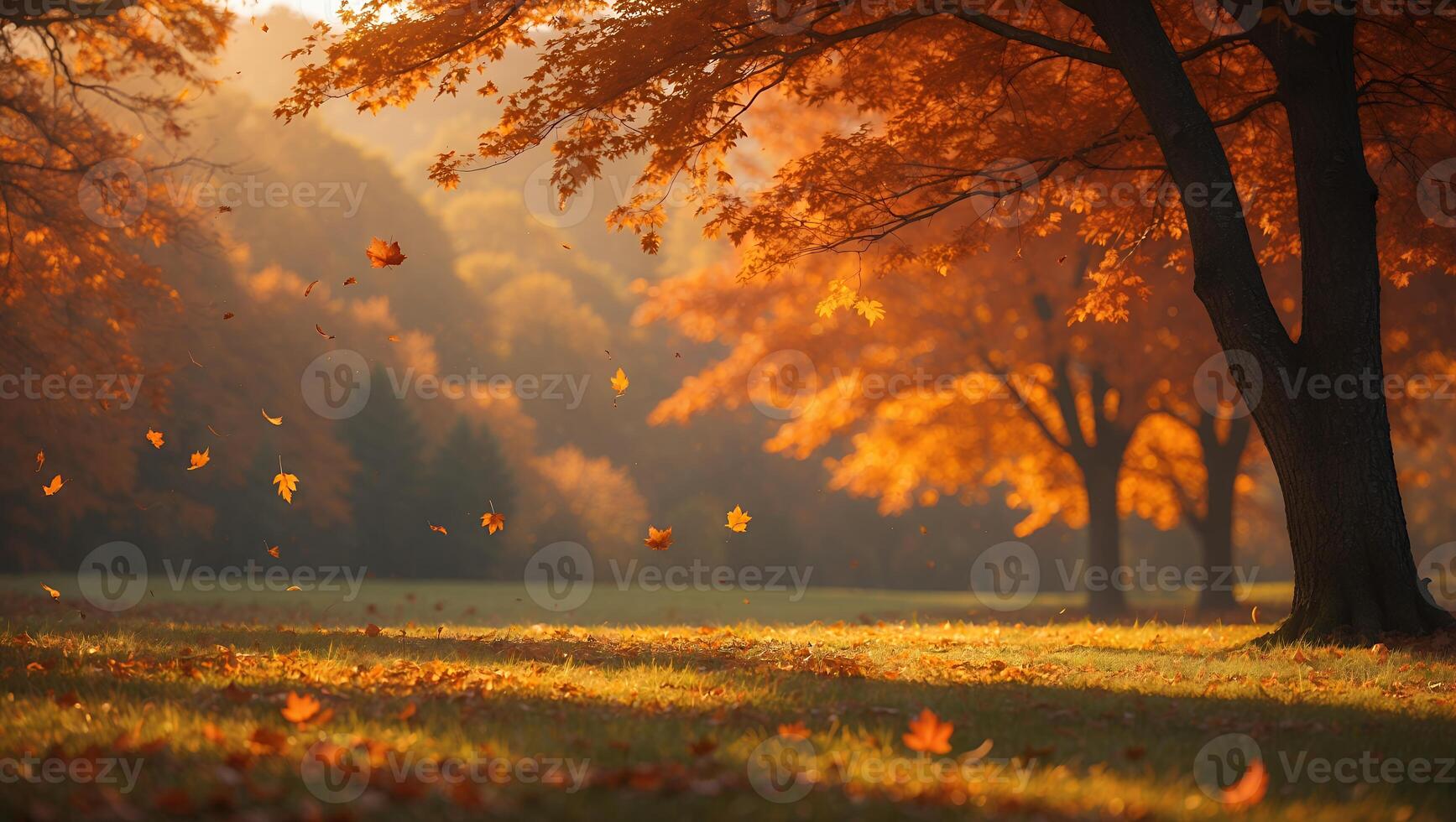 Falling Autumn Leaves Create a Golden Landscape with Warm Sunlight photo