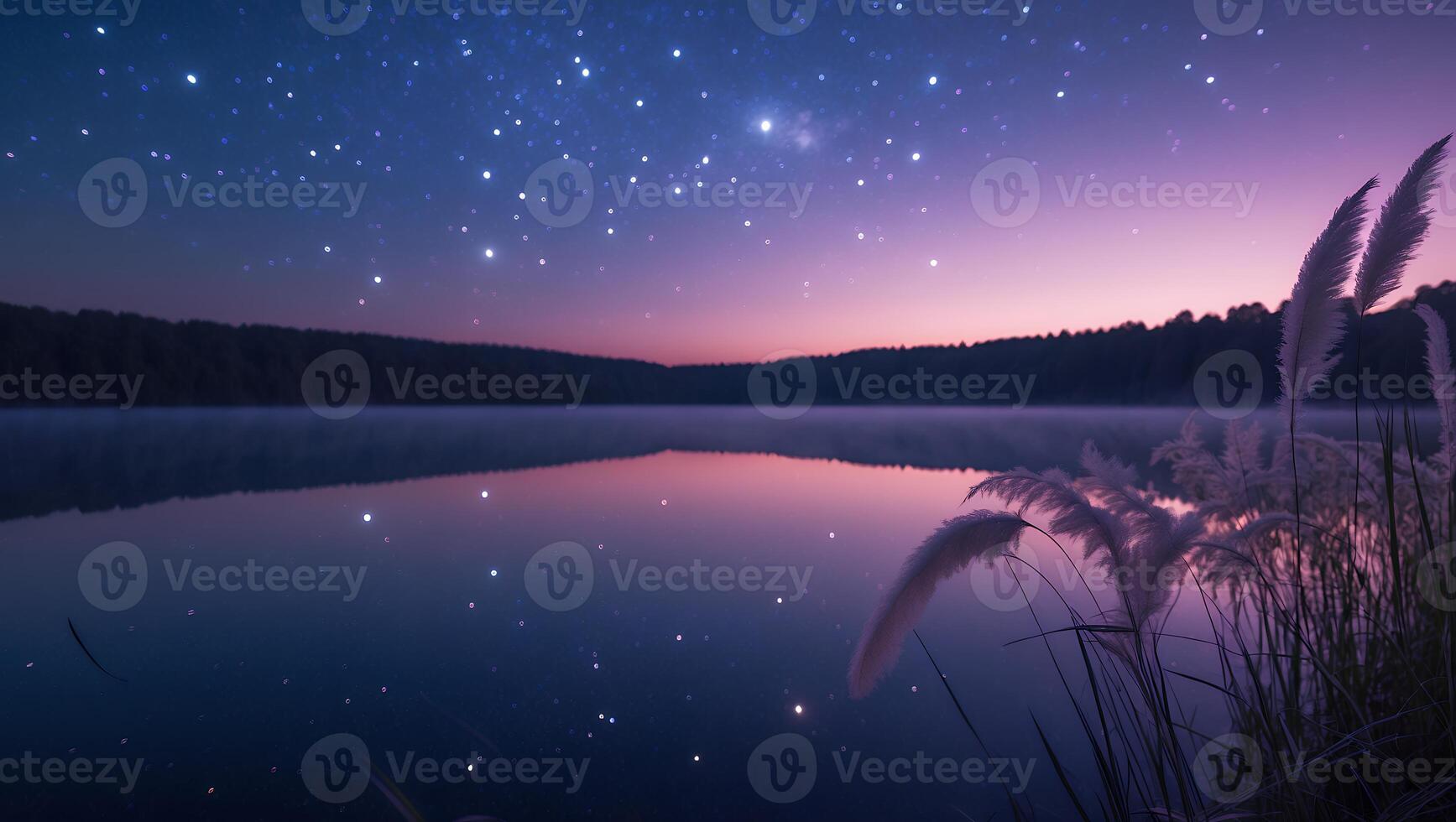Lake Reflection with Starry Sky and Tall Grass at Night photo