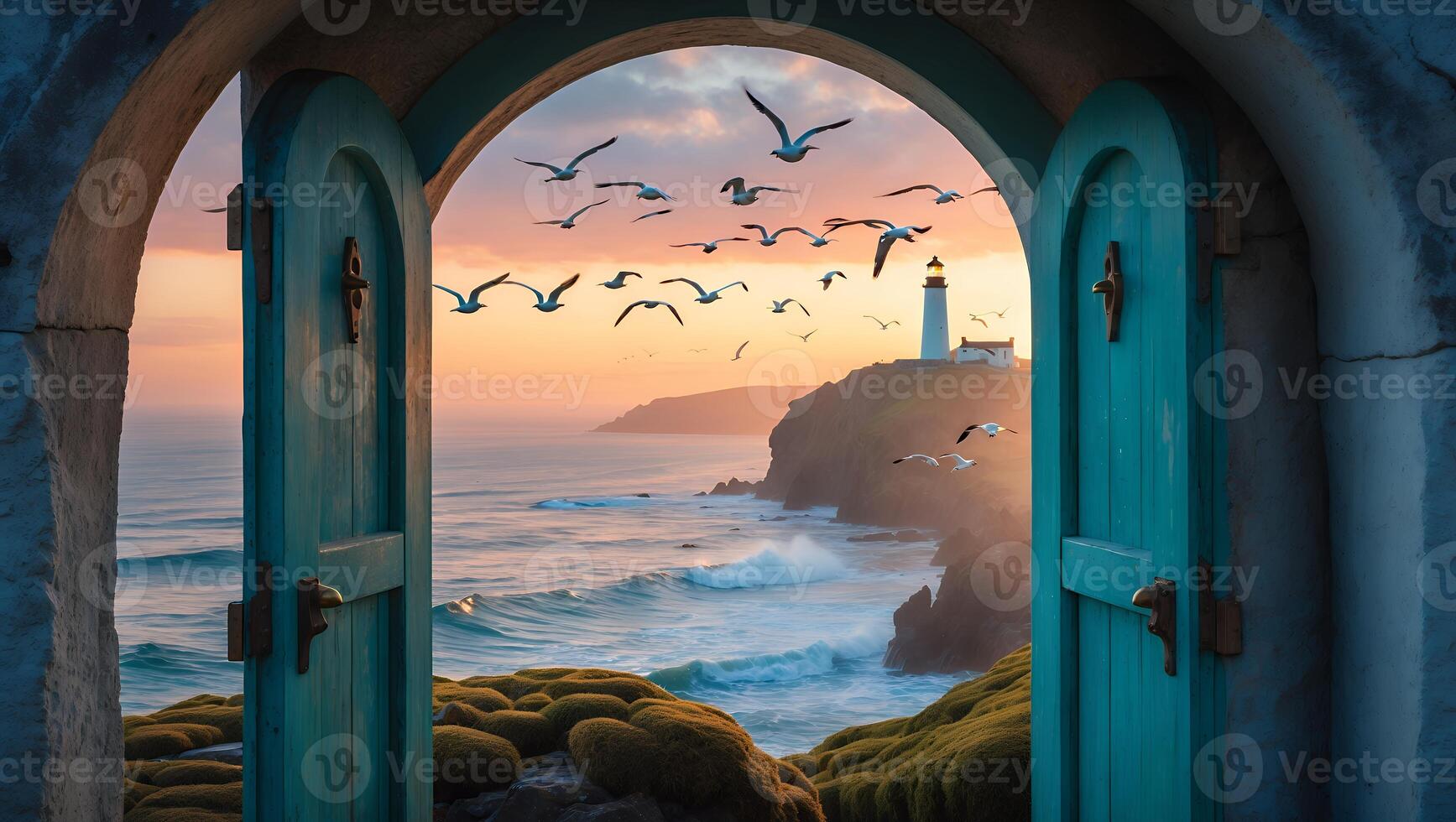 Ocean View Through Open Door with Lighthouse and Flying Birds photo