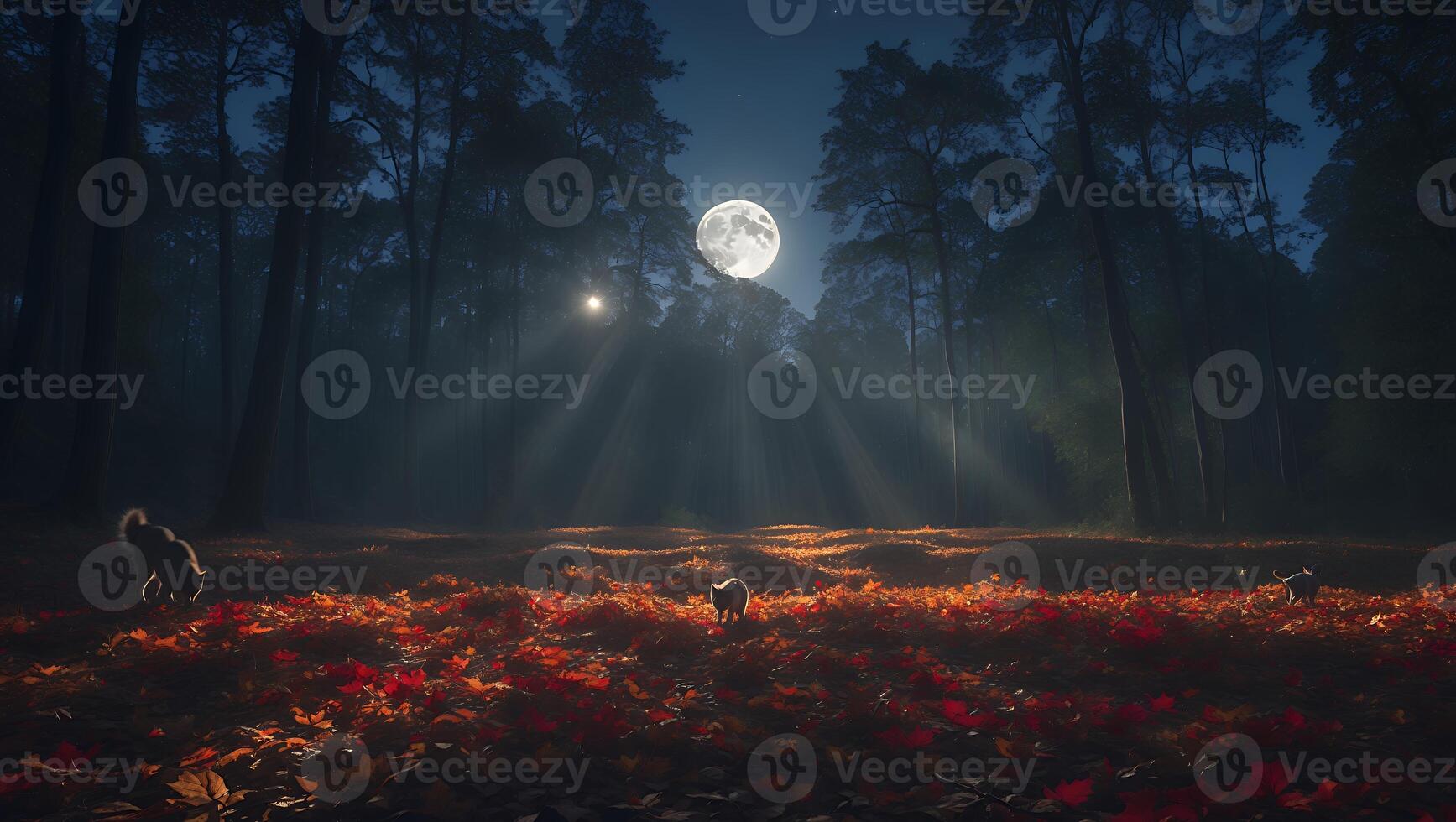 Dogs Playing in Forest Under Moonlight with Orange Autumn Leaves photo