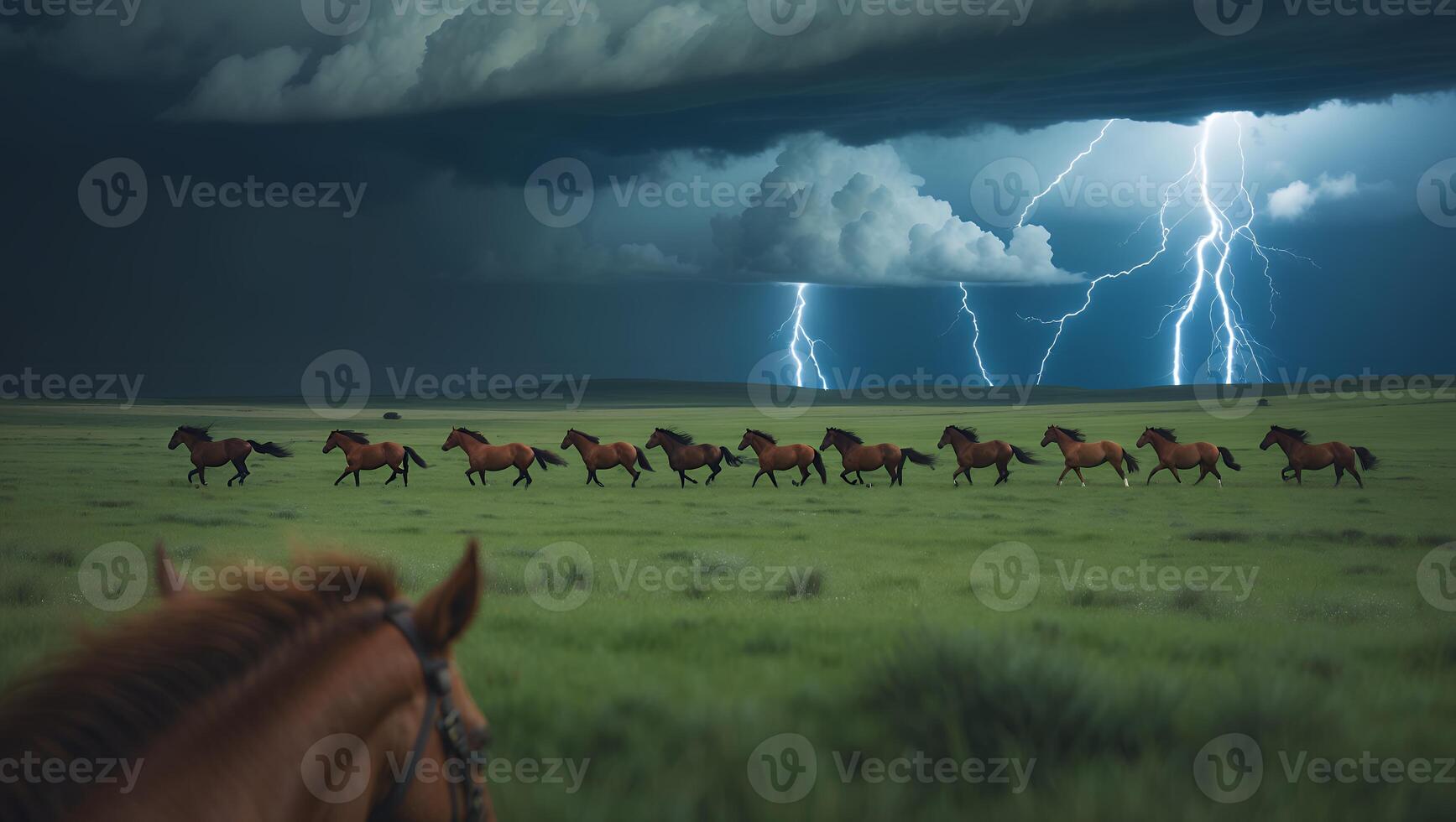 Horses Running Across Grassy Field During Lightning Storm Dramatic Sky photo
