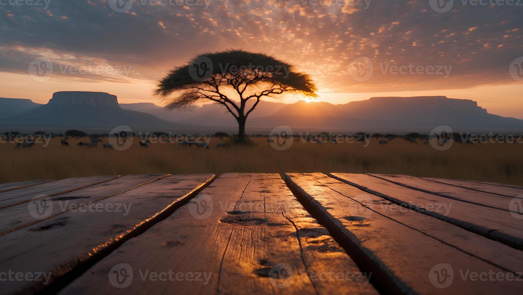 Savannah Landscape with Wooden Table and Acacia Tree at Sunset photo