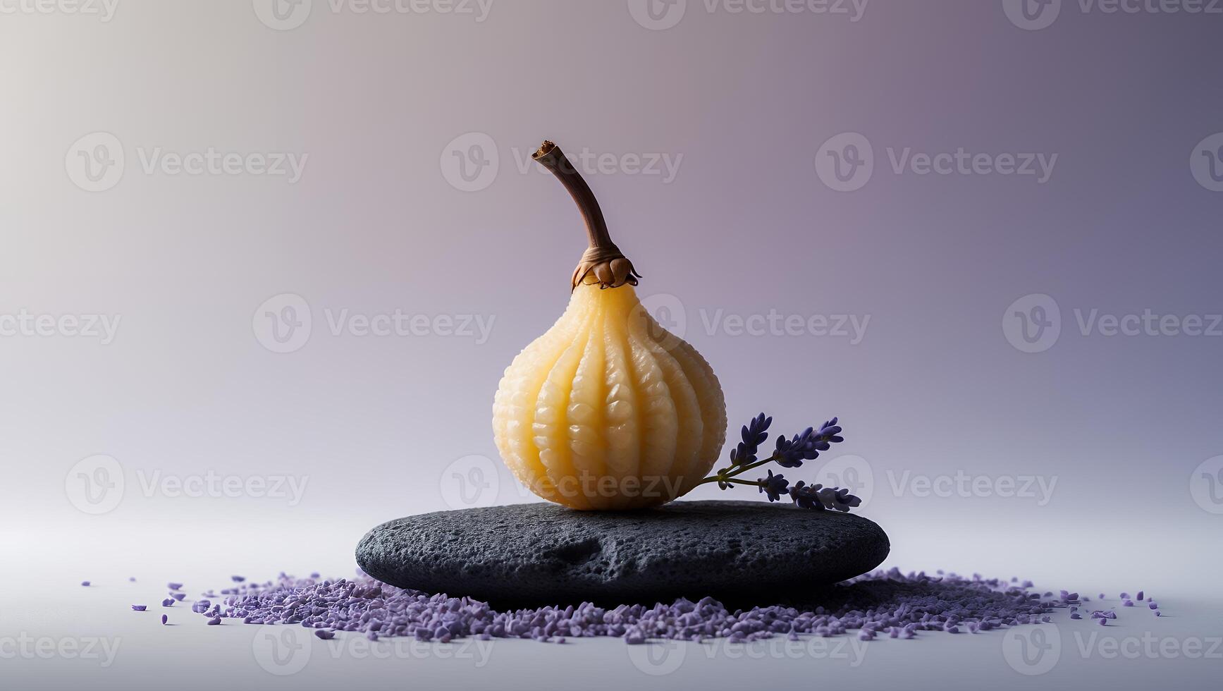 Relaxing Still Life with Yellow Gourd, Stone, and Lavender photo