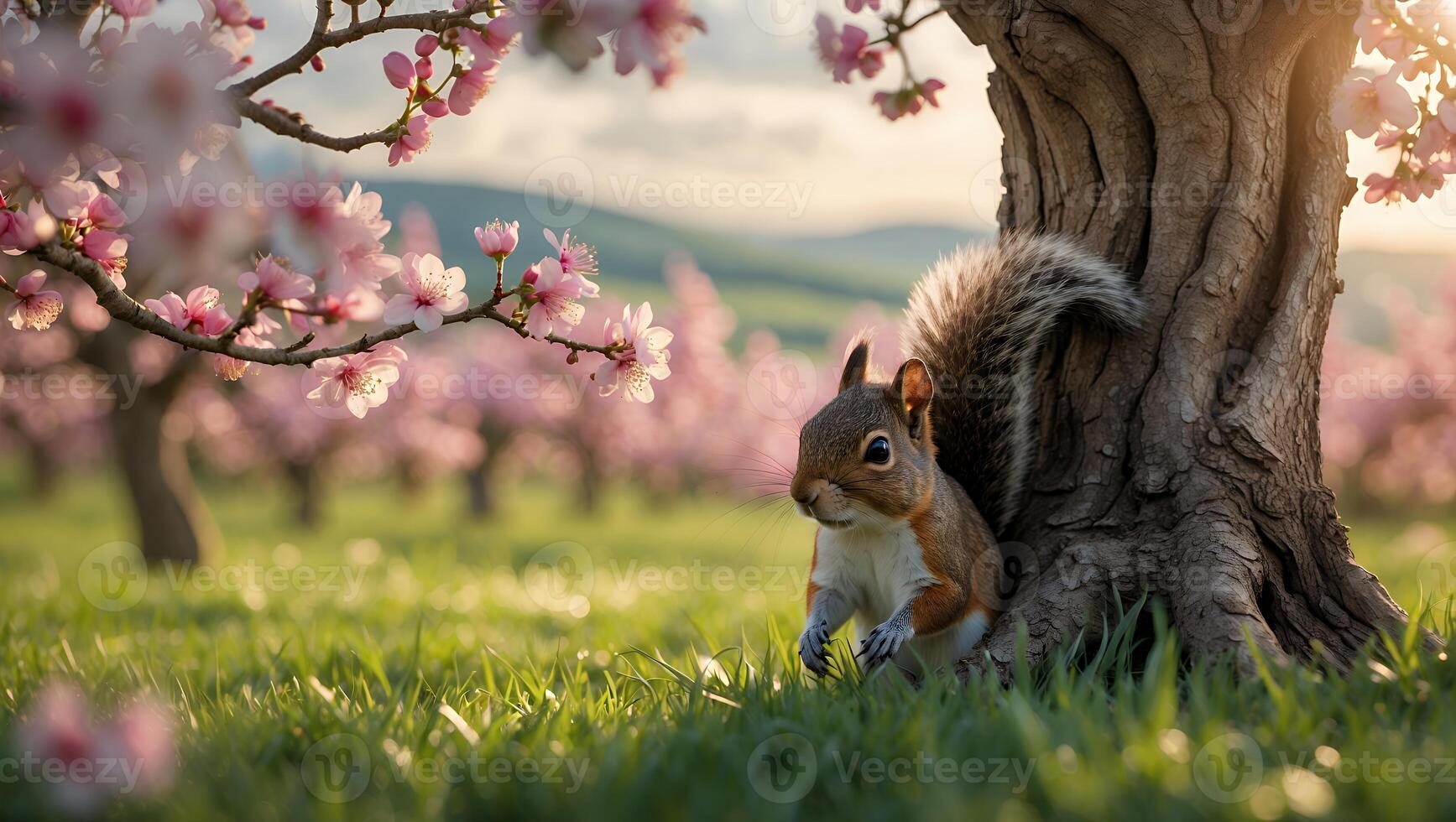 Squirrel Sitting at Base of Tree with Pink Blossoms Around photo