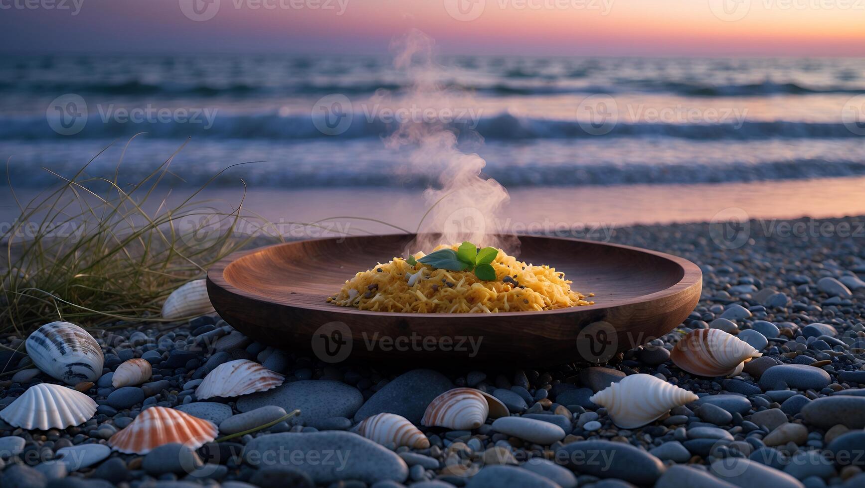 Serving Hot Meal on Beach at Sunset with Seashells Around photo