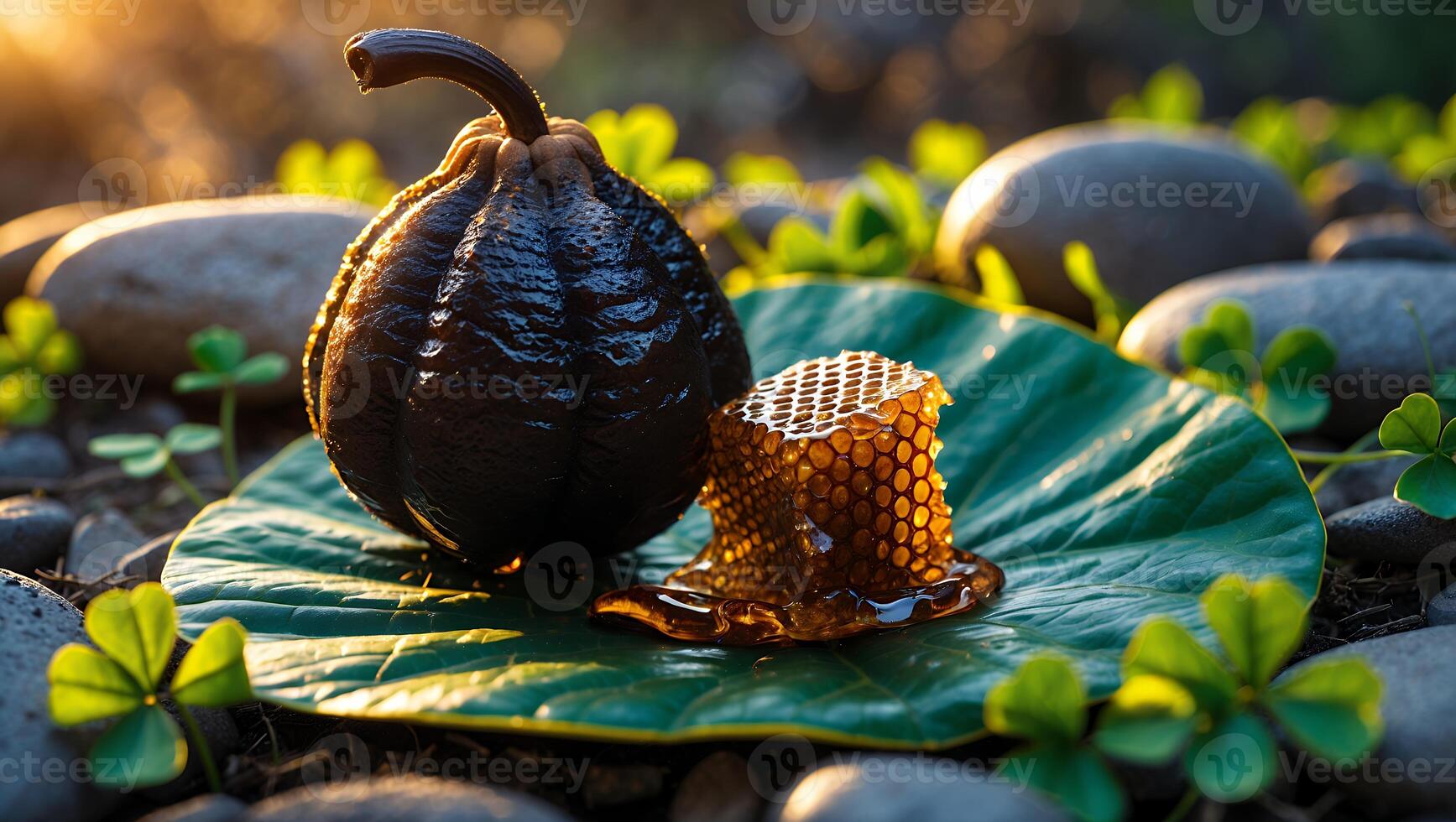 Presenting Honeycomb and Gourd on Leaf in Natural Stone Setting photo