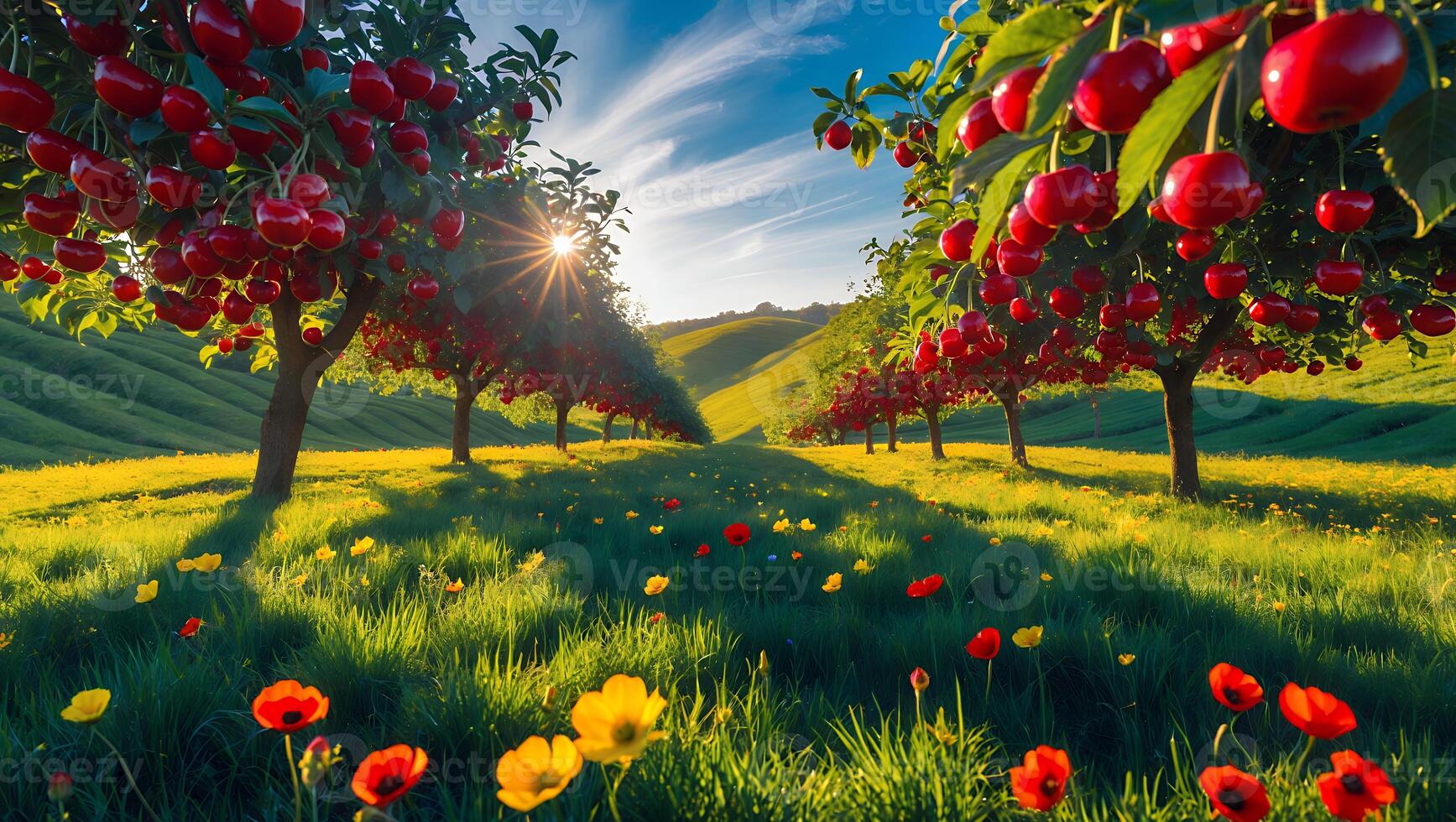 Cherry Trees in Orchard with Wildflowers and Morning Sunlight photo