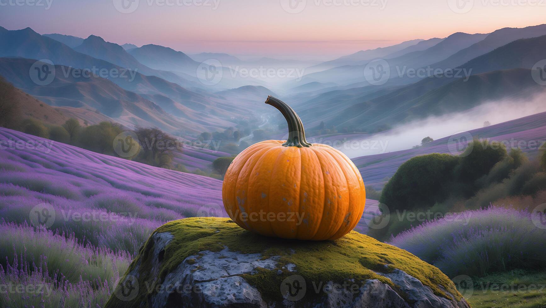 Pumpkin on Mossy Rock with Lavender Field and Mountain View photo