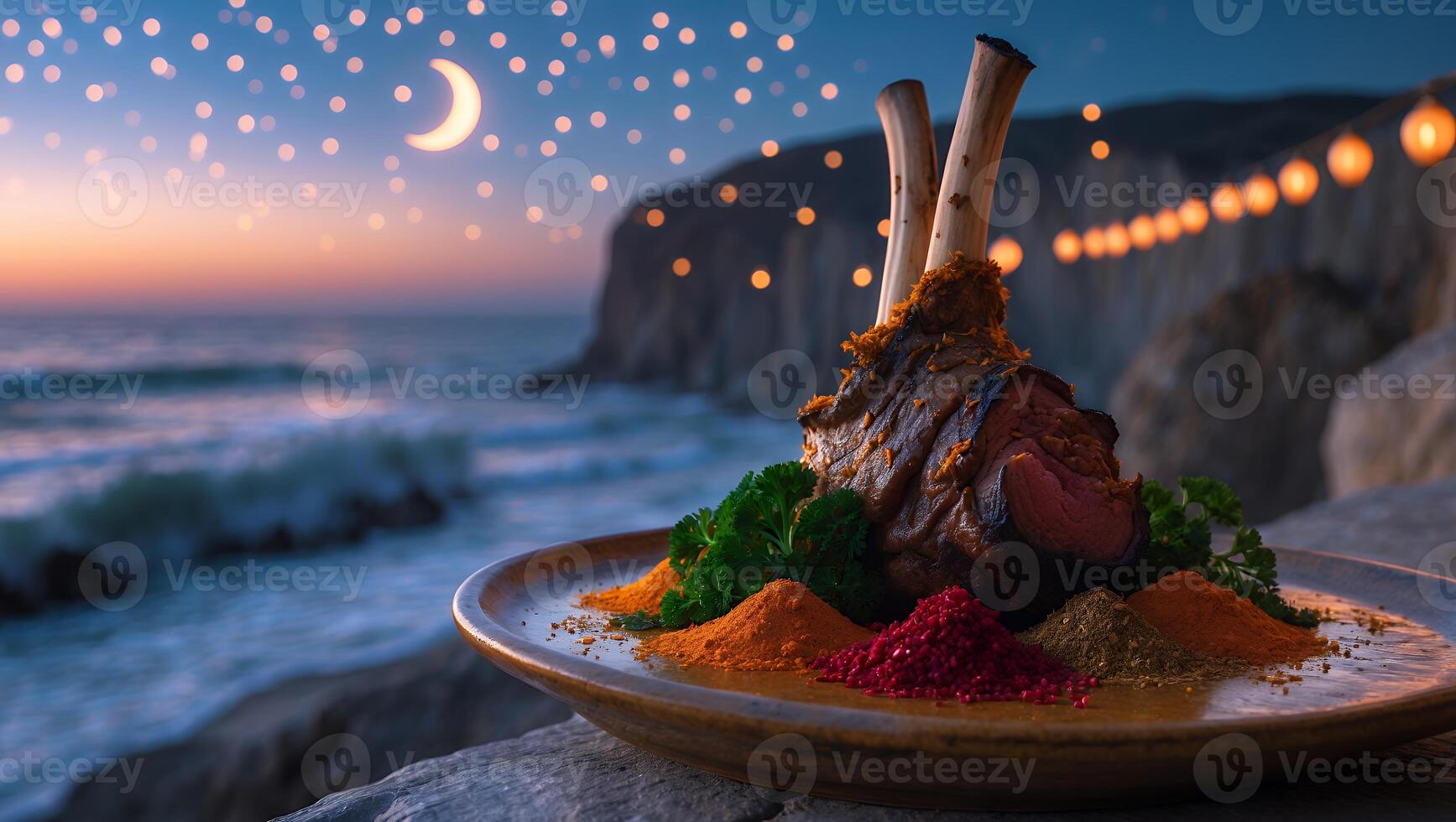 Gourmet Lamb Shank Dinner on Cliffside with Ocean View at Dusk photo