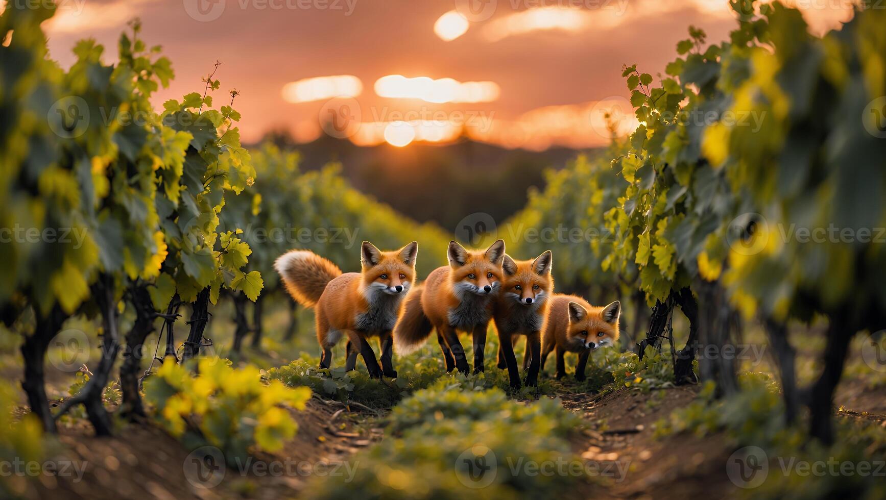 Foxes Walking Through Vineyard Row at Sunset with Soft Warm Light photo