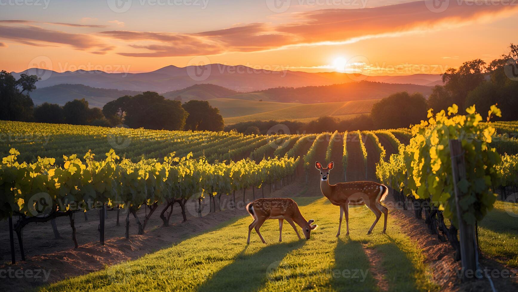 Deer Grazing in Vineyard at Sunset with Rolling Hills Backdrop photo