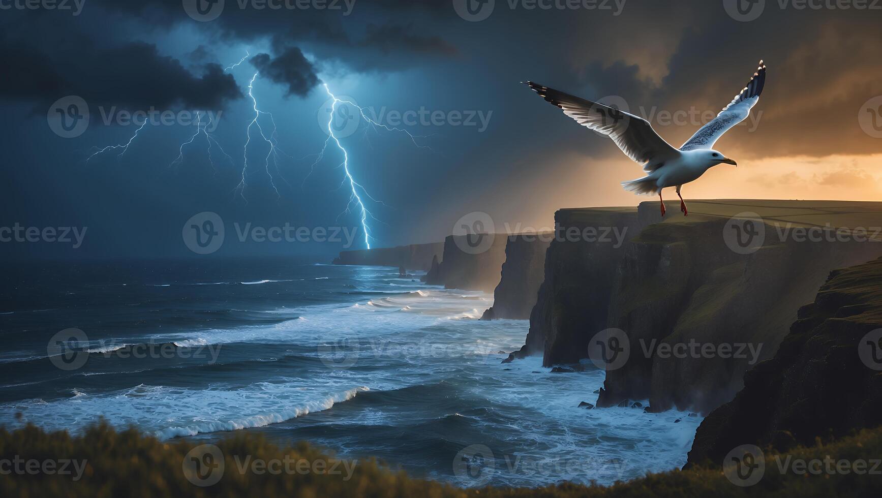 Seagull Takes Flight on Rocky Coastline During a Lightning Storm photo