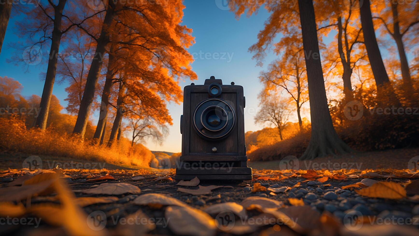 Old Camera in an Autumn Forest Setting with Fallen Leaves photo