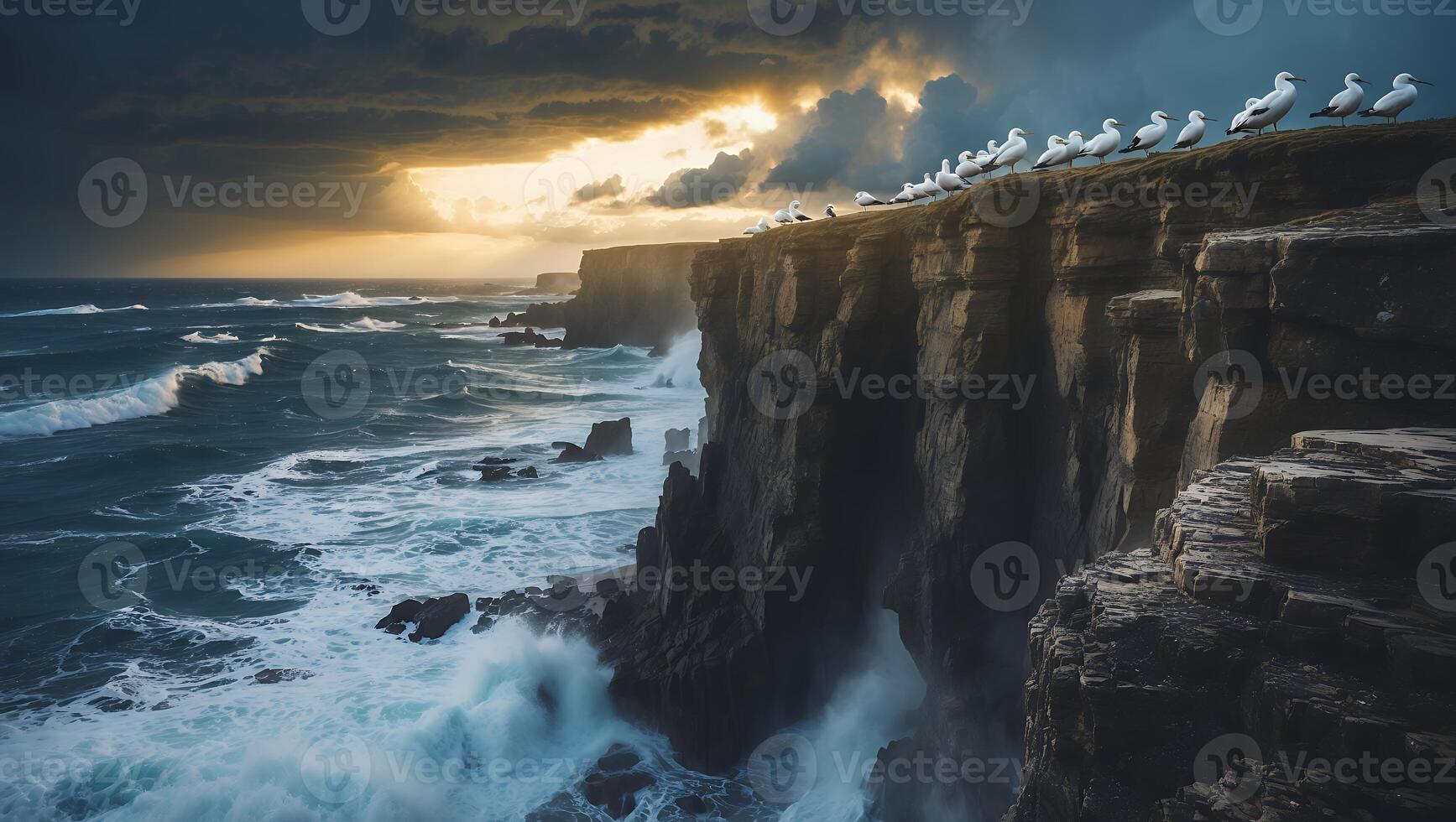 Seagulls on Cliff Edge Overlooking Dramatic Ocean Waves at Sunset photo