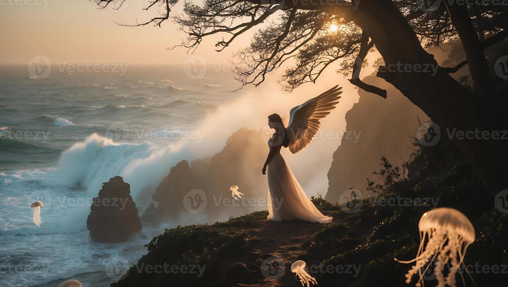 Woman with Wings on Cliff Overlooking Ocean Waves at Sunset photo