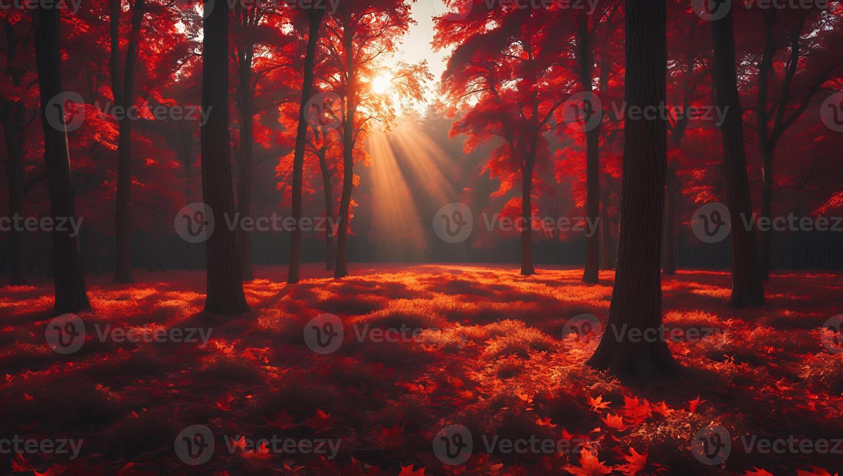 Rays of Light Shining Through Autumn Forest Landscape with Red Leaves photo