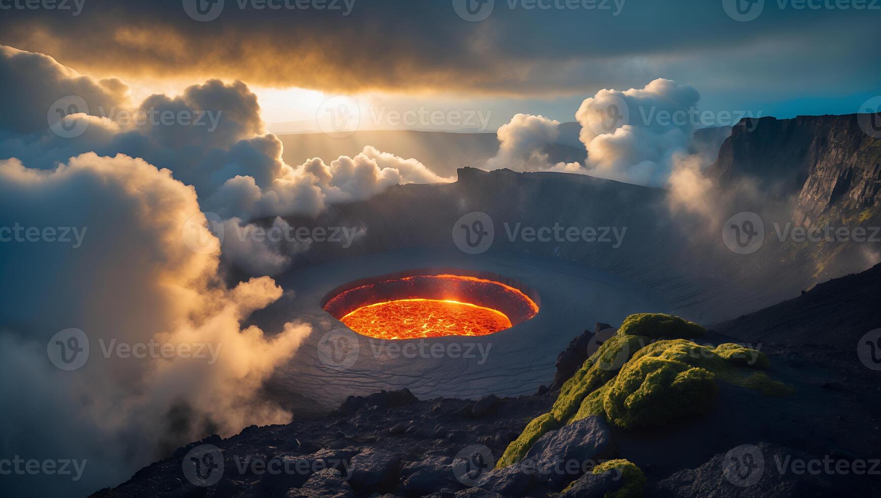 Lava Pool Fills Volcanic Crater Surrounded by Dramatic Cloudy Landscape photo