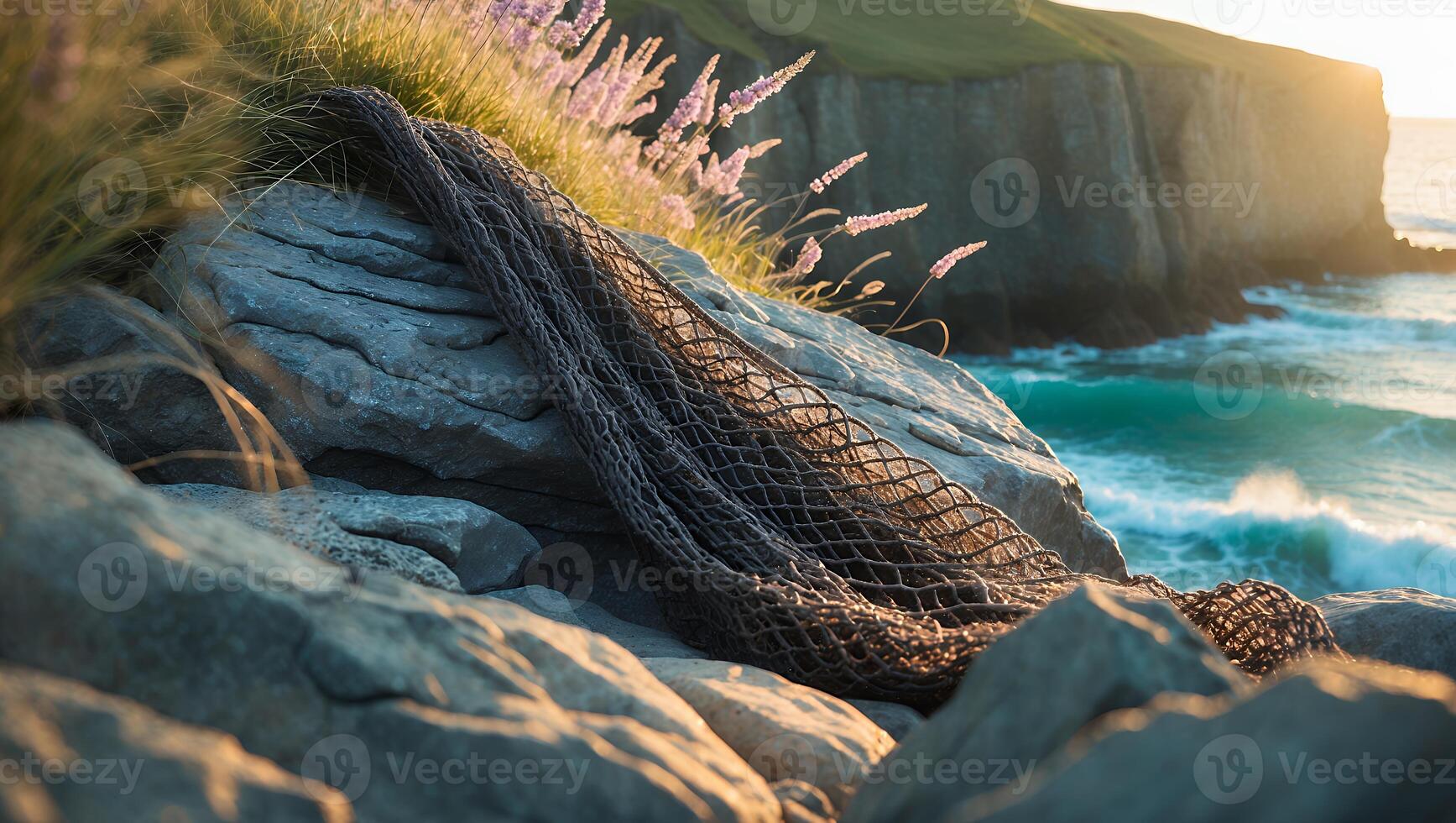 Fishing Net on Rocky Coastline with Waves and Cliff Landscape photo