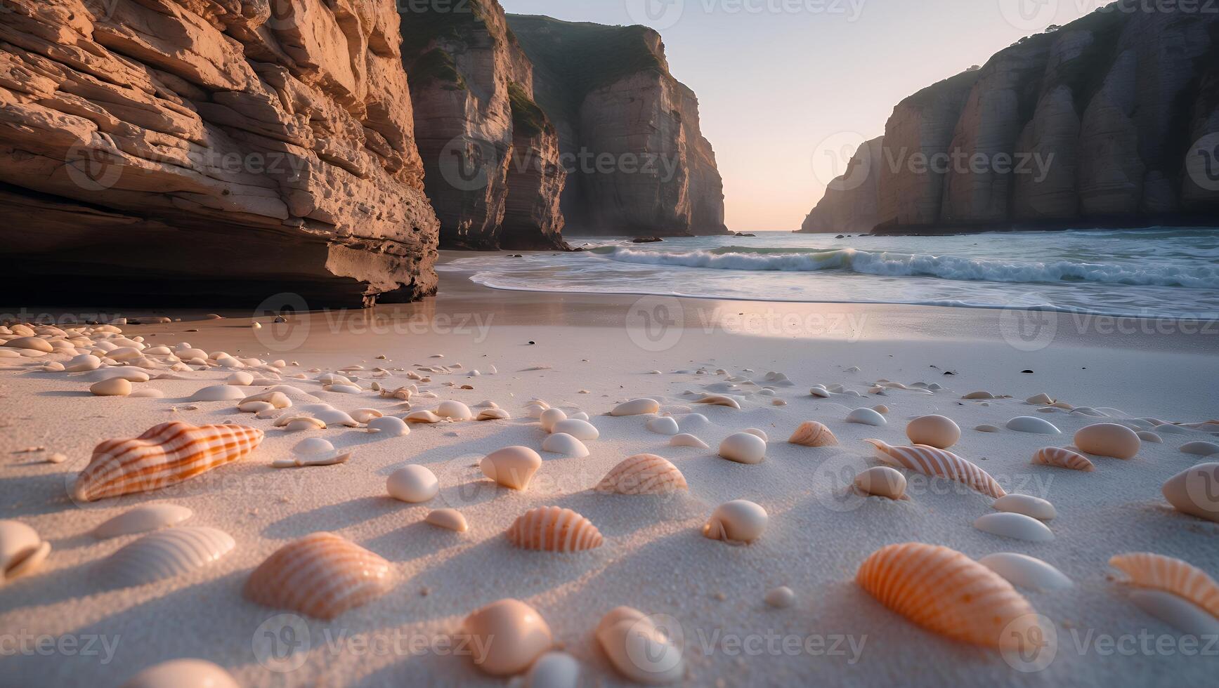 Seashells on Sandy Beach with Cliffs by the Ocean at Sunset photo