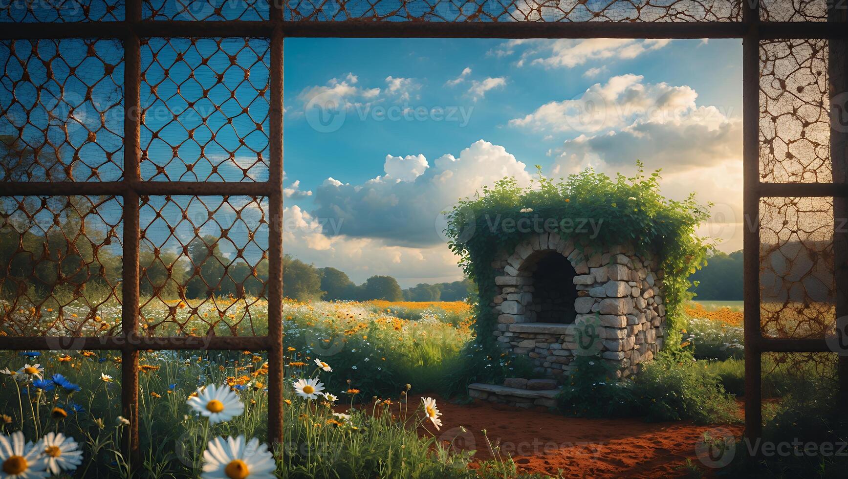 Stone Structure Overgrown with Greenery in Wildflower Meadow Seen Through Window photo