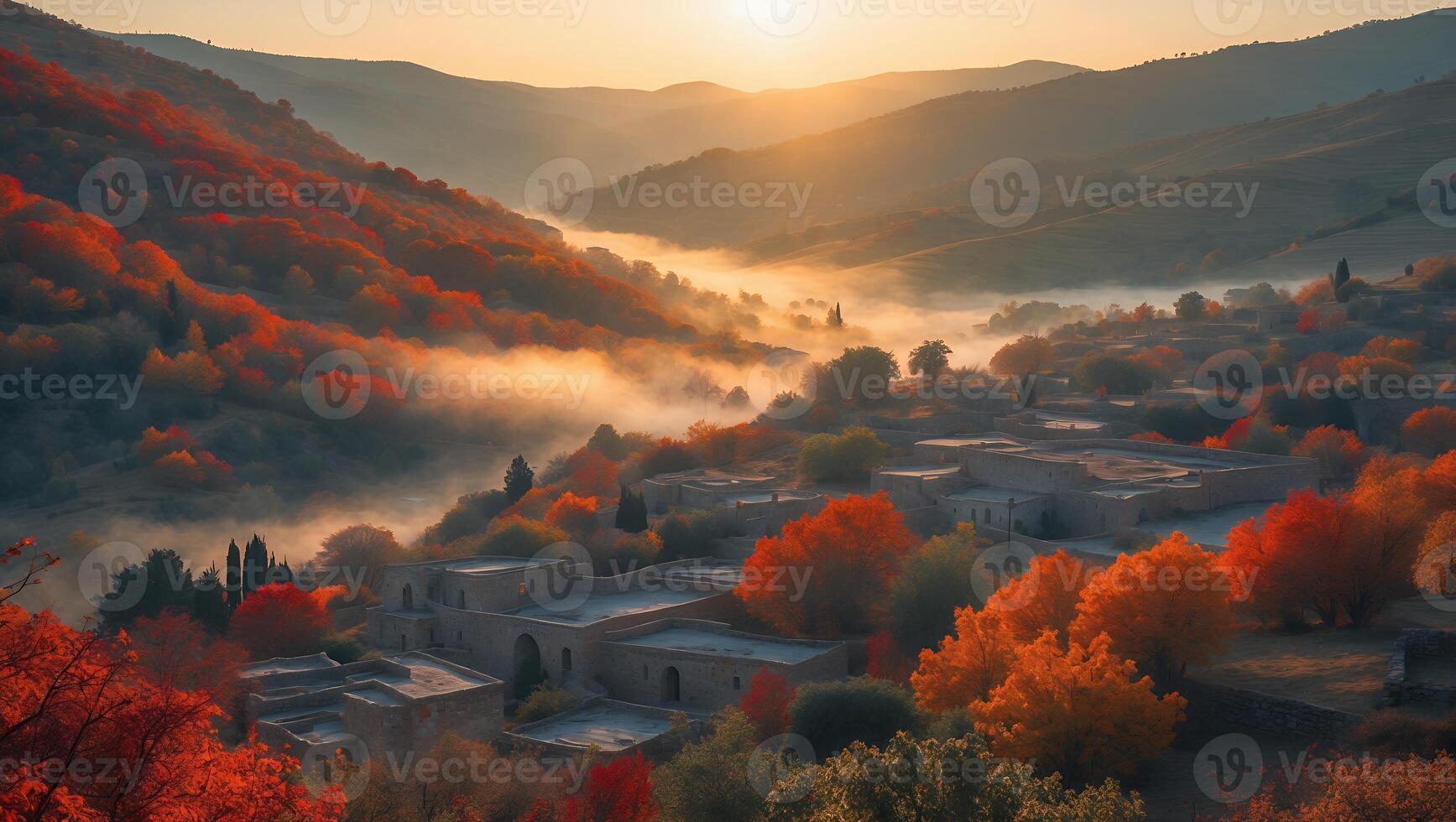 Autumn Village Nestled in Foggy Valley at Sunset with Colorful Trees photo