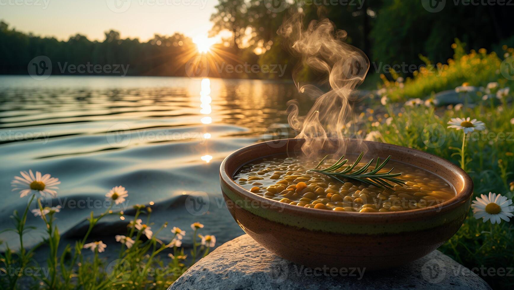 Steaming Lentil Soup Bowl at Lakeside Sunset with Daisy Flowers photo