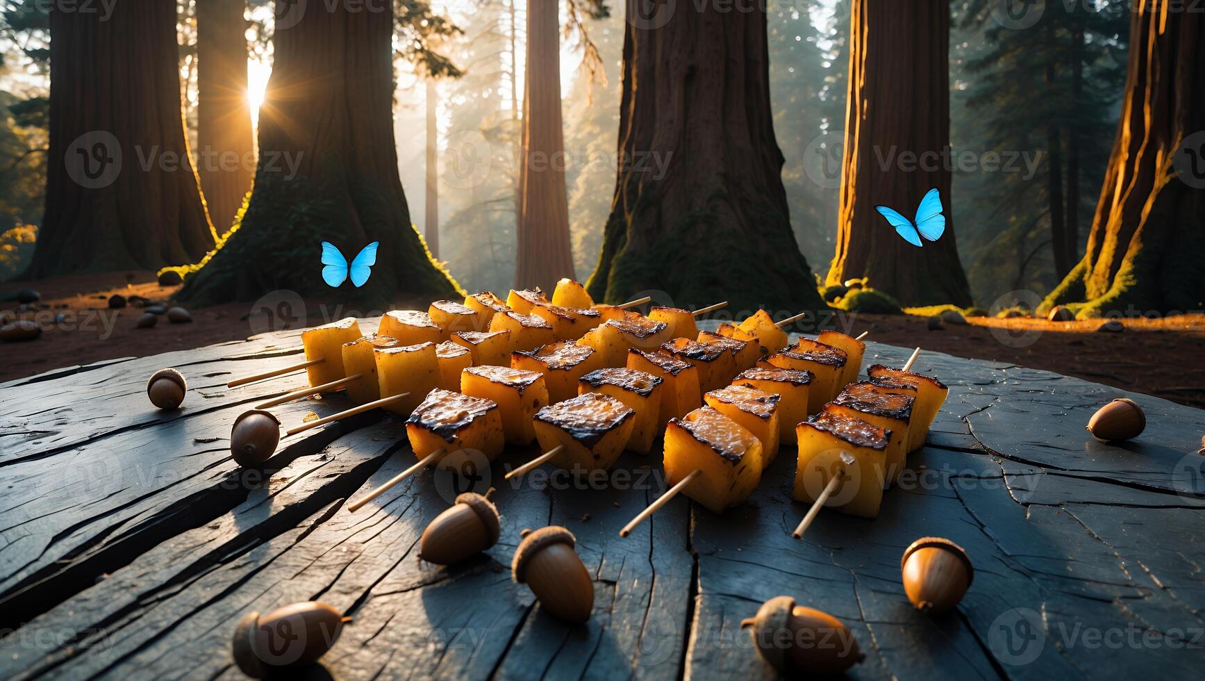 Grilled Skewers on Wood Surface with Forest and Butterflies Backdrop photo