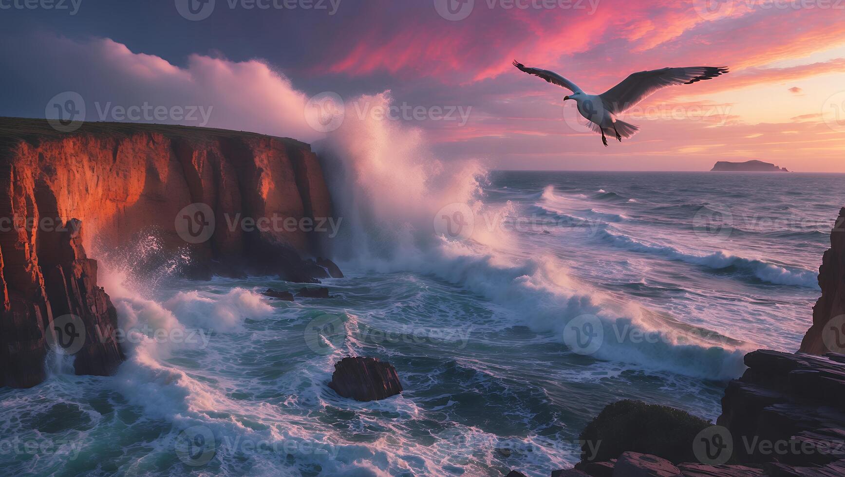 Seagull Flying Above Rough Seas Crashing Against Cliff at Sunset photo