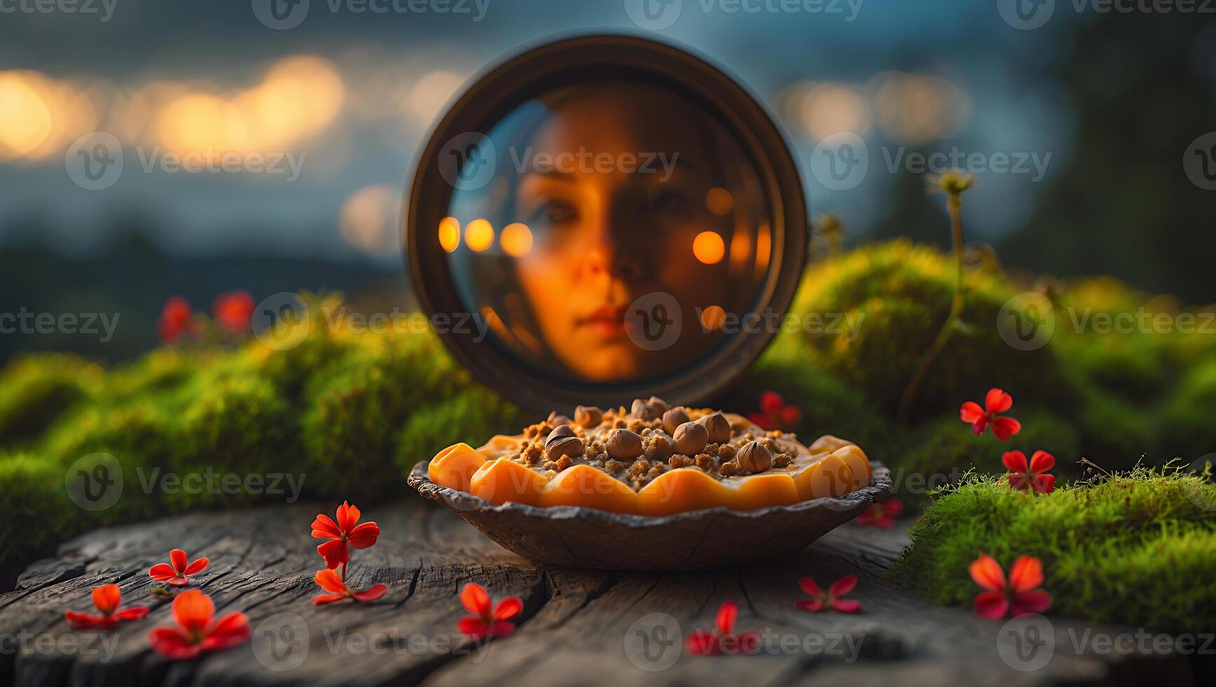 Reflection in Mirror of a Woman with Dessert on Wooden Surface photo