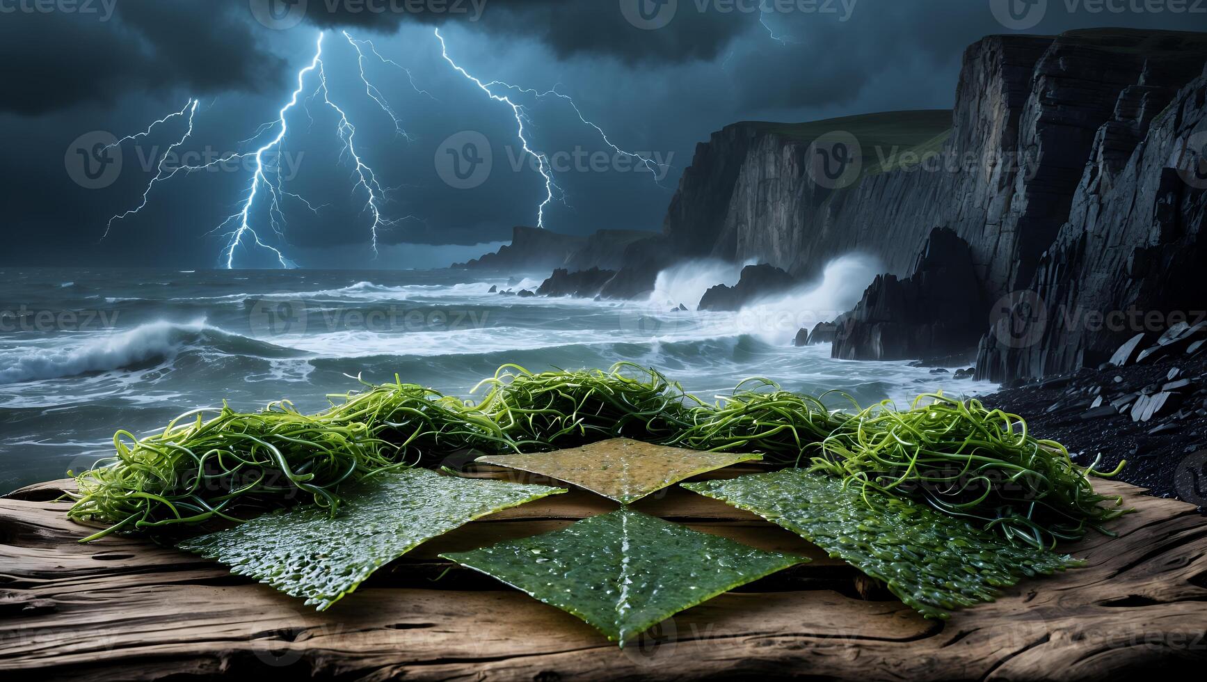 Dramatic Seascape with Lightning and Seaweed Displayed on Wooden Surface photo